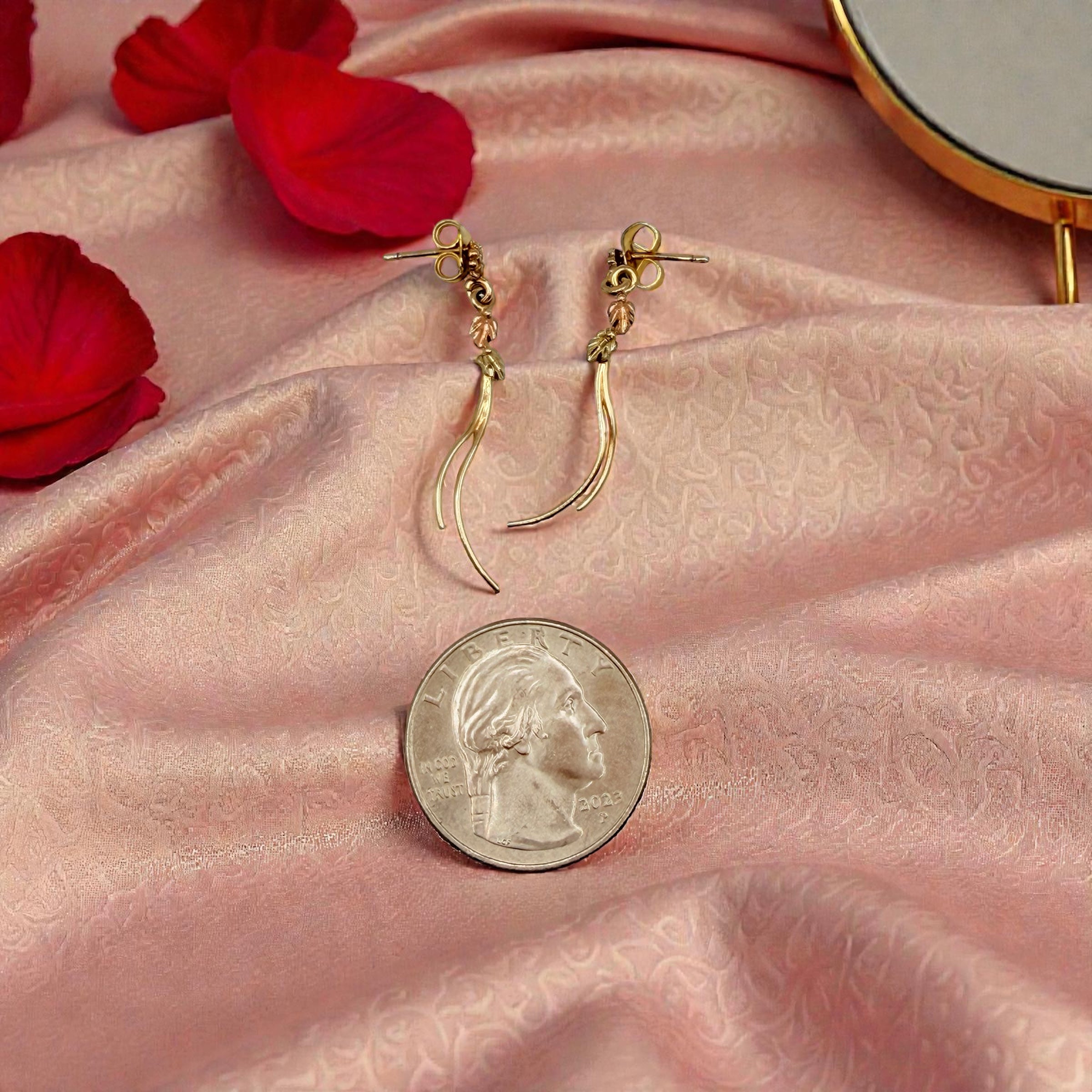 Solid 10K Multi-Color Gold Dangle Earrings with Leaf Accents