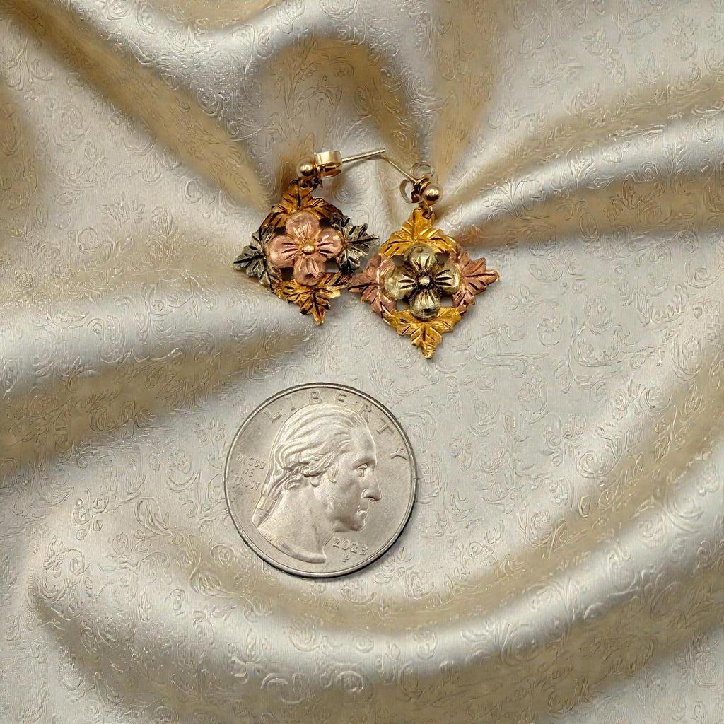 Black Hills Solid 10K Tri-Color Gold Dangle Earrings - Flower and Leaf Accents
