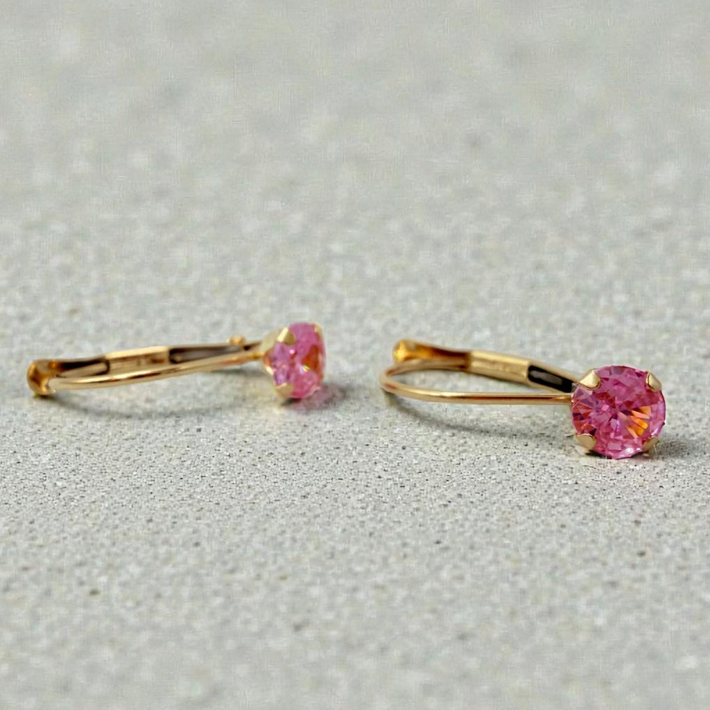 Solid 14K Yellow Gold Drop Earrings with Round Cut Pink Gemstones