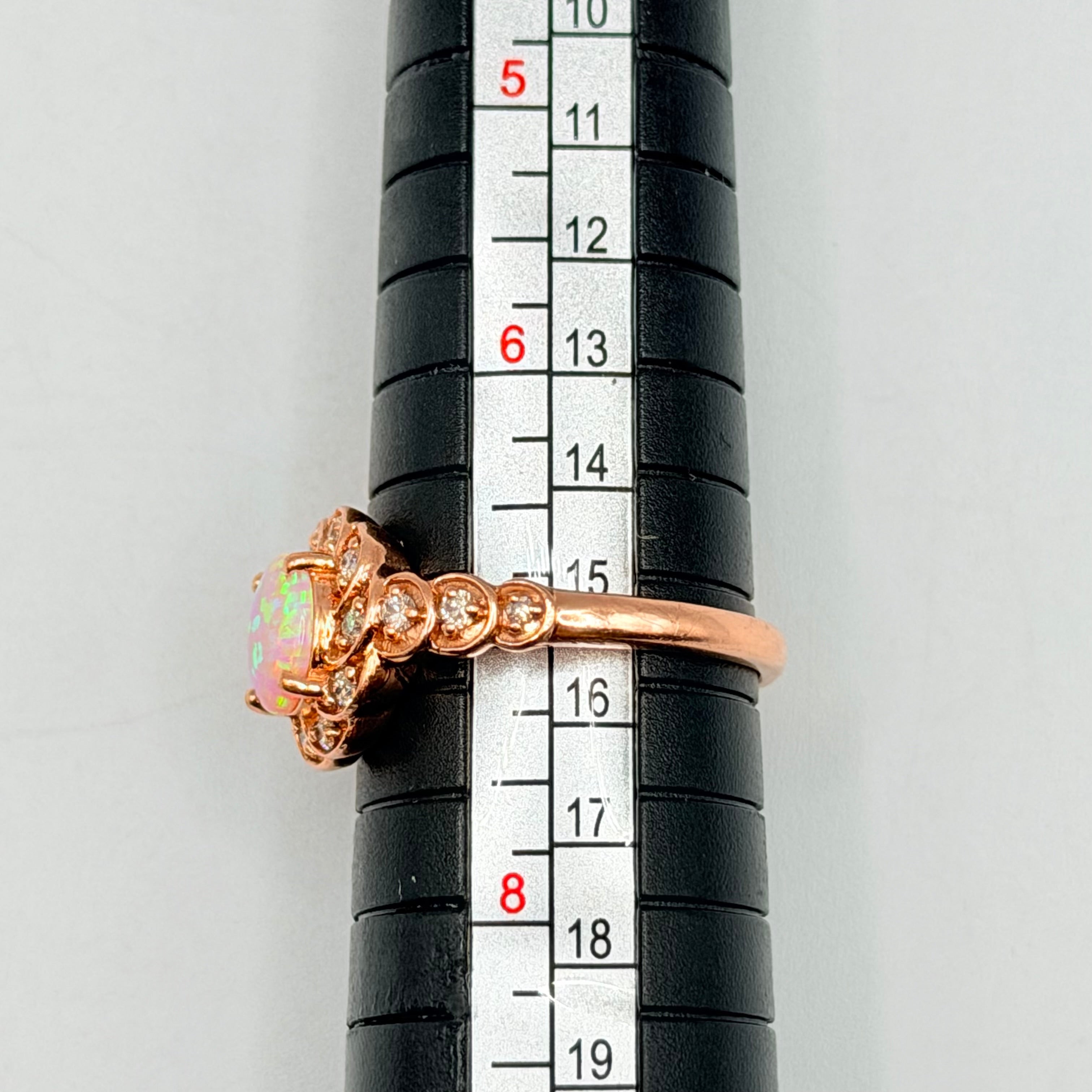 Solid 10K Rose Gold Ring with Round Cut Pink Opal and Diamond Accents Size 7