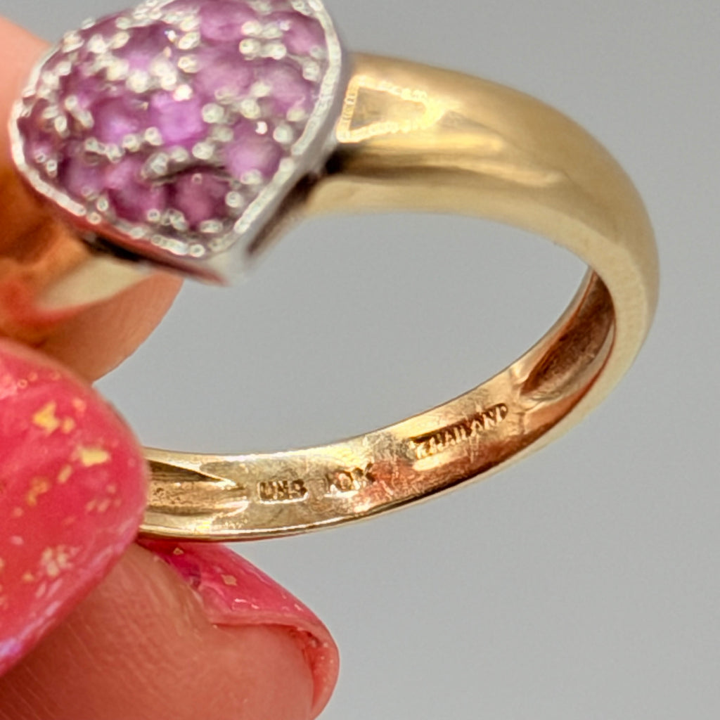 Solid 10K Yellow Gold Ring with Pink Sapphire Heart – Size 6.75