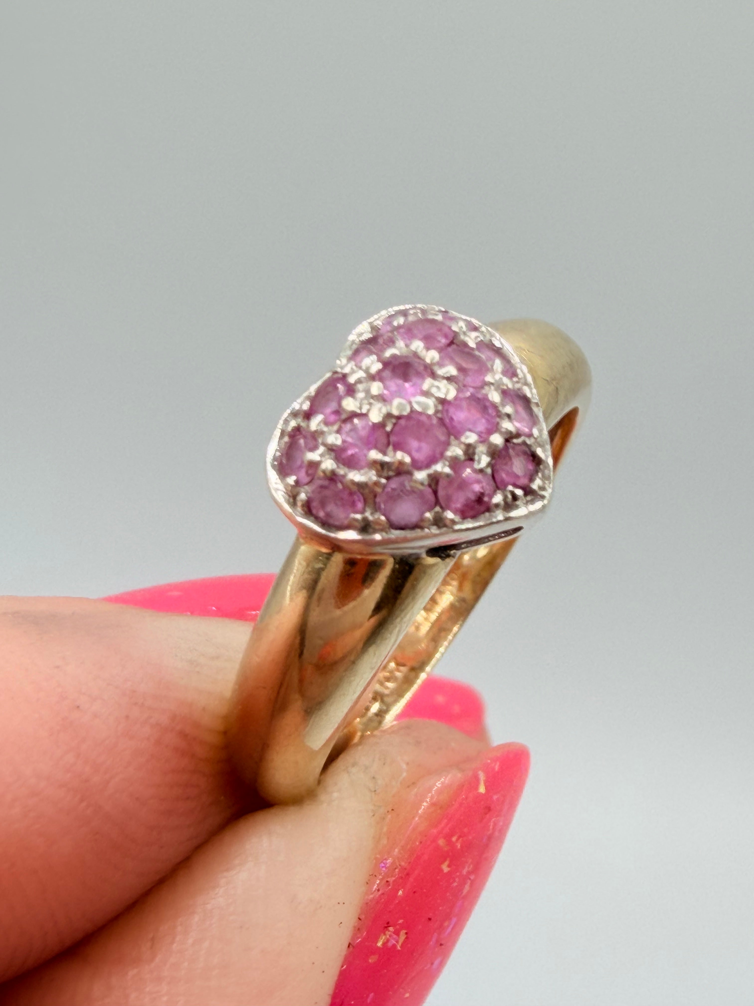 Solid 10K Yellow Gold Ring with Pink Sapphire Heart – Size 6.75