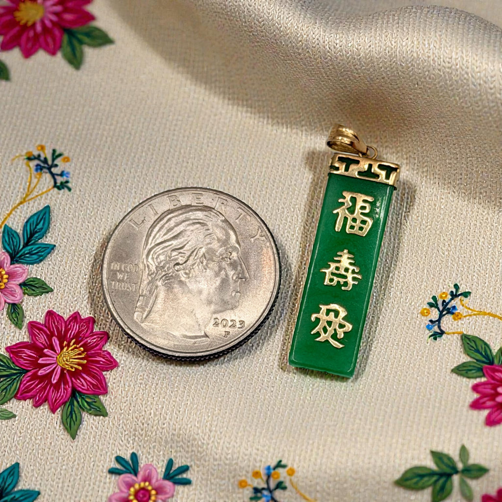 Solid 14K Yellow Gold Asian Necklace Pendant with Green Jade