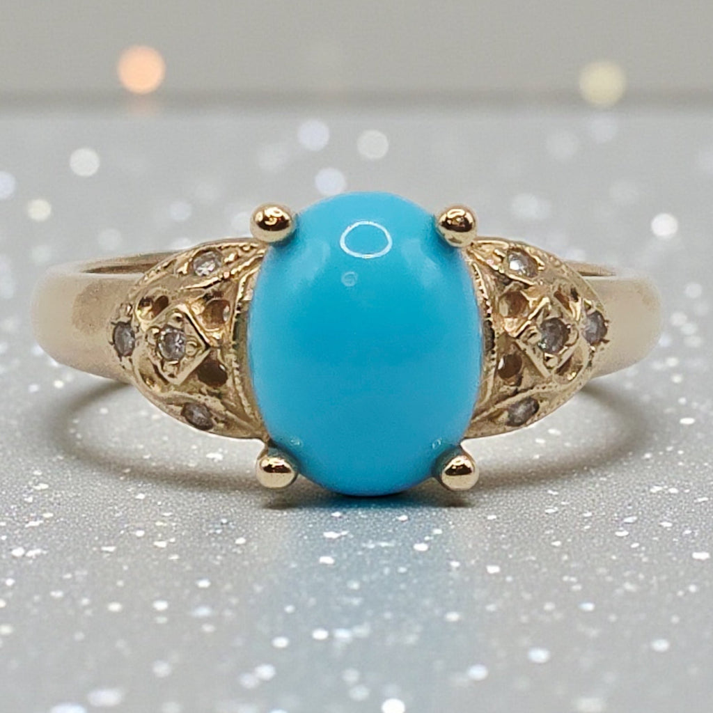 Solid 14K Gold Sleeping Beauty Turquoise Ring with Diamond Accents – Size 6