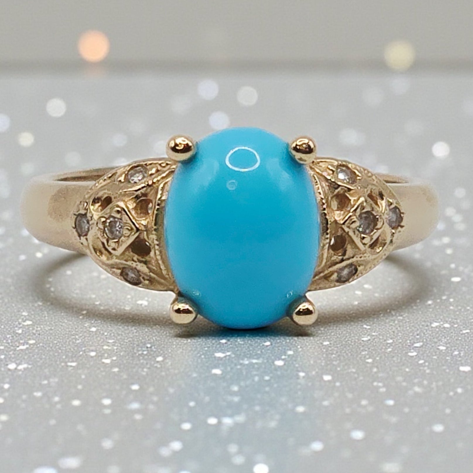 Solid 14K Gold Sleeping Beauty Turquoise Ring with Diamond Accents – Size 6