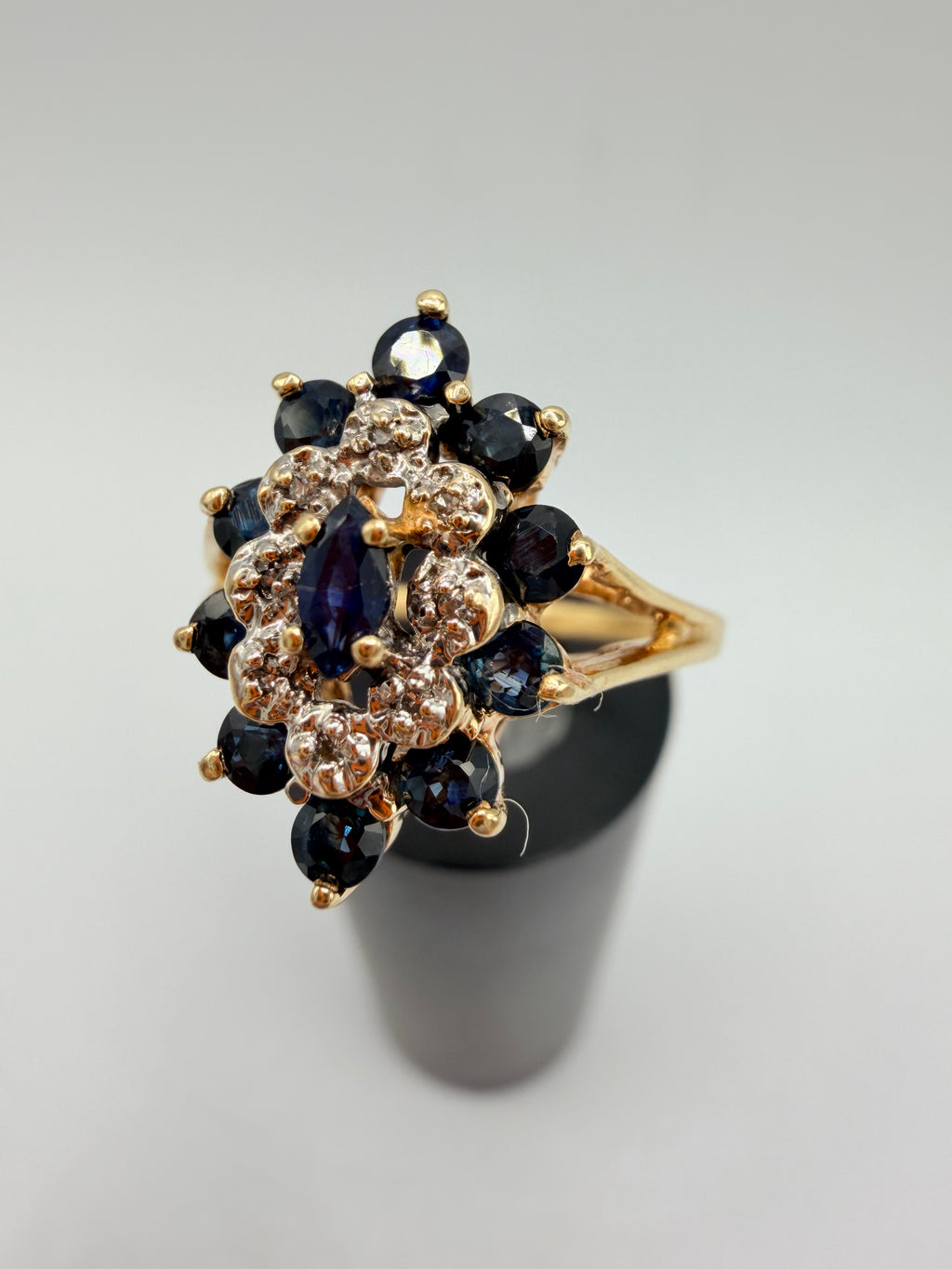 JED Solid 10K Yellow Gold Ring with Blue Sapphires & Diamonds – Size 6.5