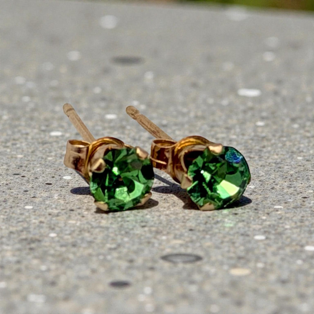 Solid 14K Yellow Gold Stud Earrings with Round Cut Green Gemstones