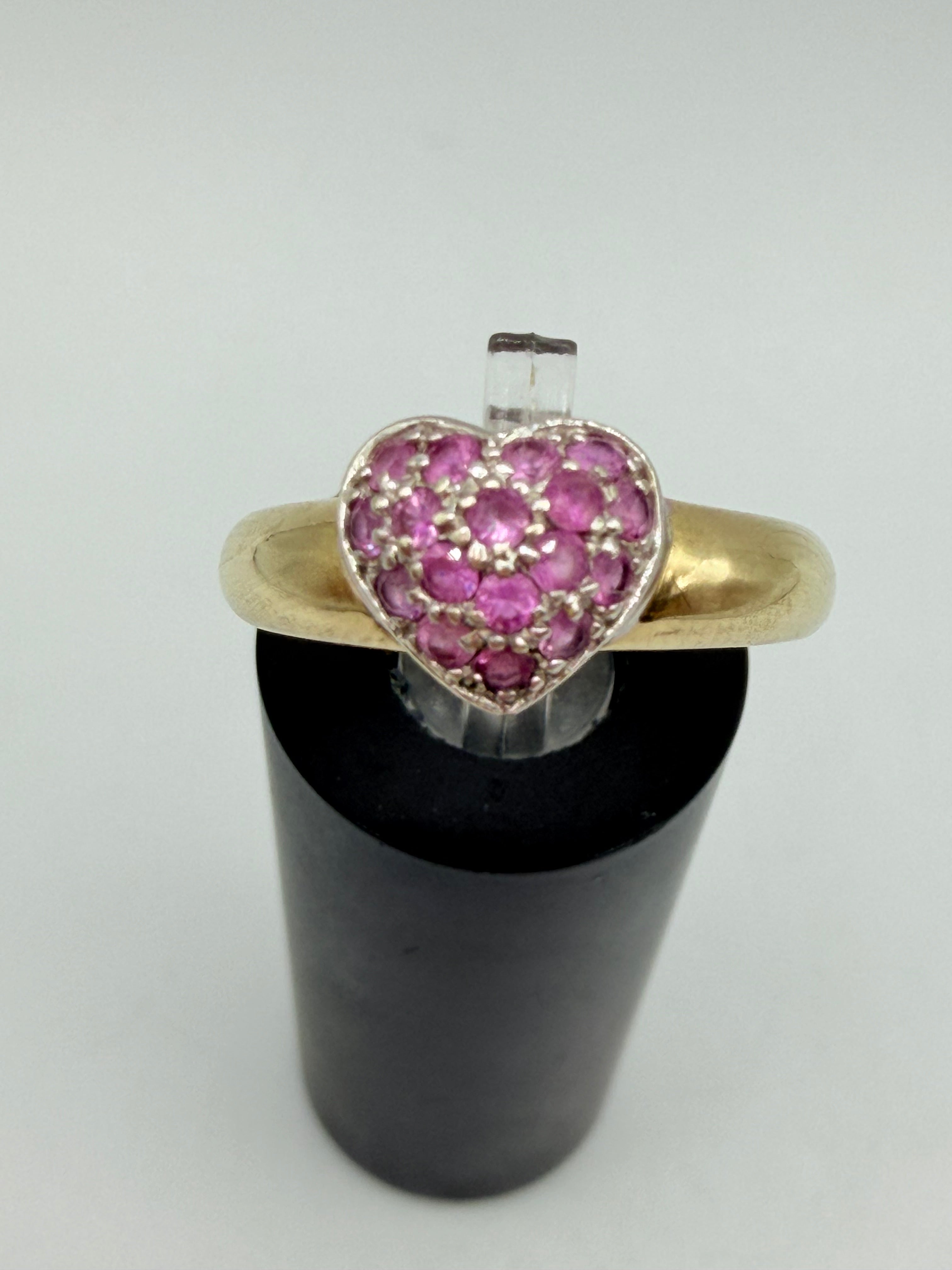 Solid 10K Yellow Gold Ring with Pink Sapphire Heart – Size 6.75