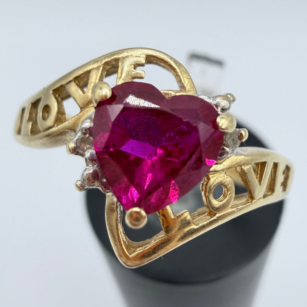 Solid 10K Yellow Gold Ring with Heart-Cut Ruby, Diamonds and LOVE – Size 7