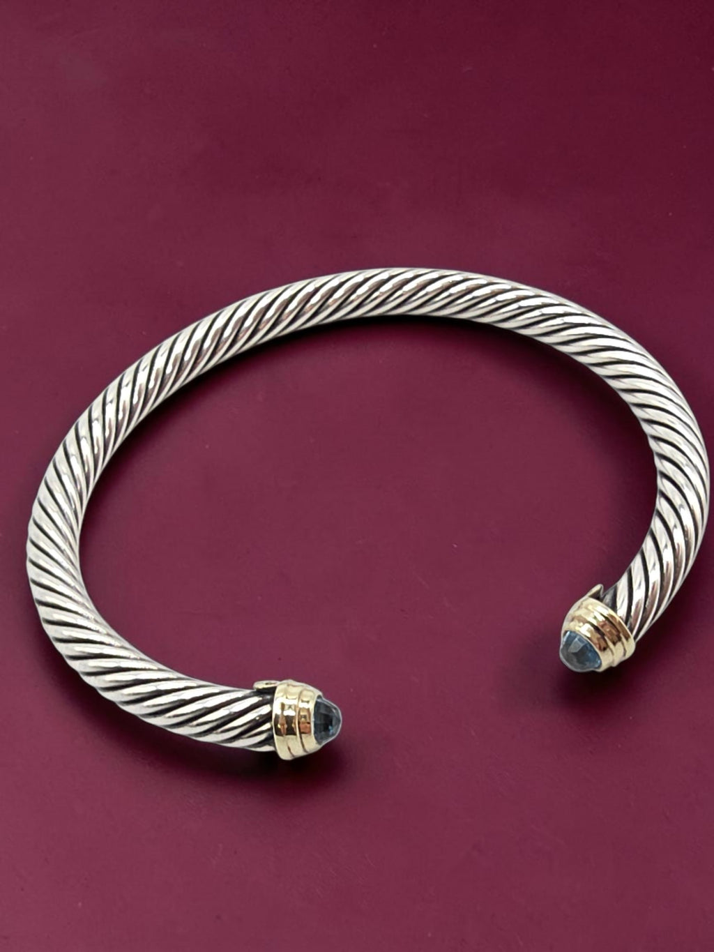 David Yurman Classic Cable Cuff Bracelet in Sterling Silver with Solid 14K Gold End Caps and Blue Topaz 5mm