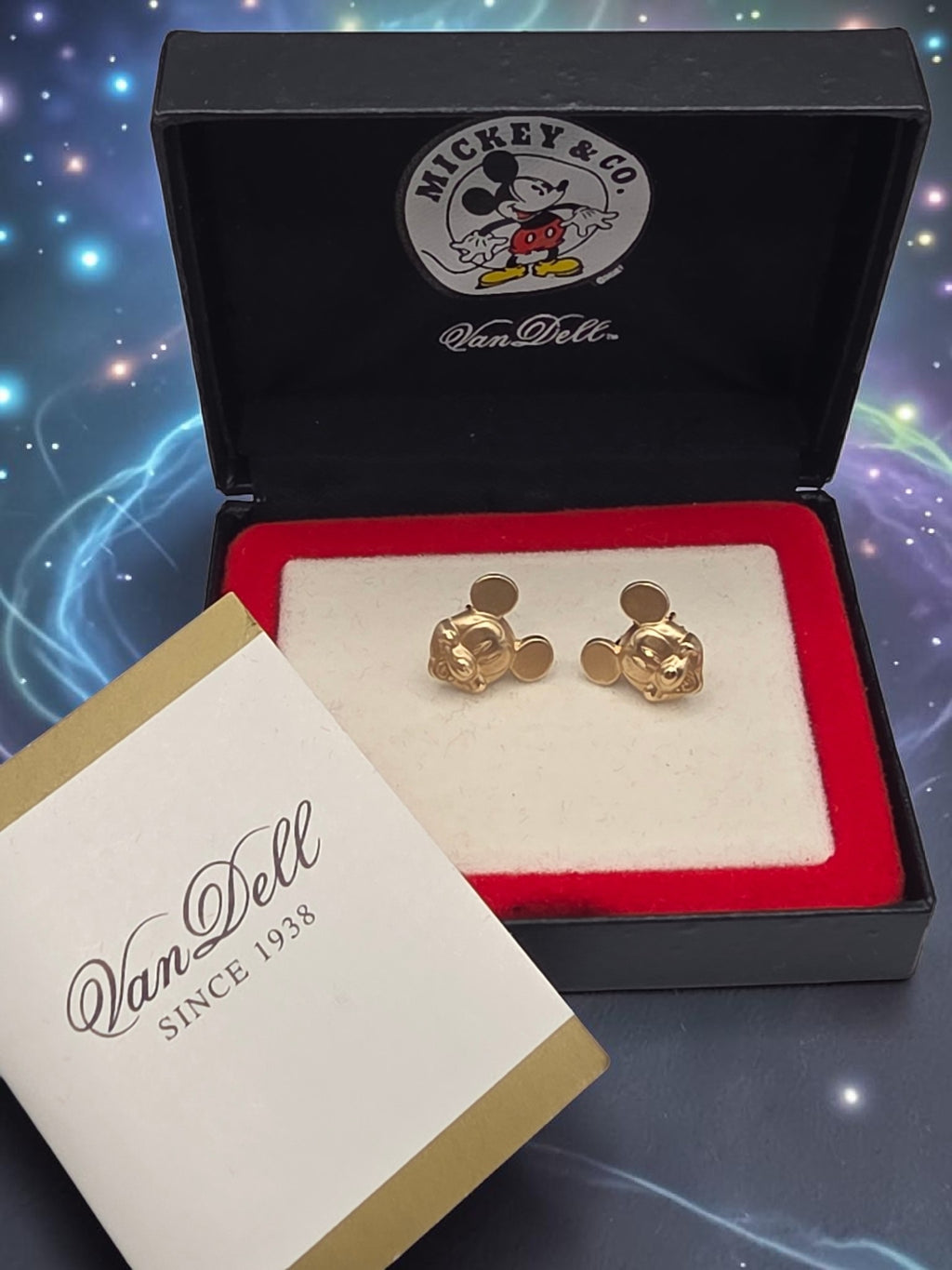 Disney Van Dell Mickey Mouse Solid 14K Yellow Gold Stud Earrings Original Box