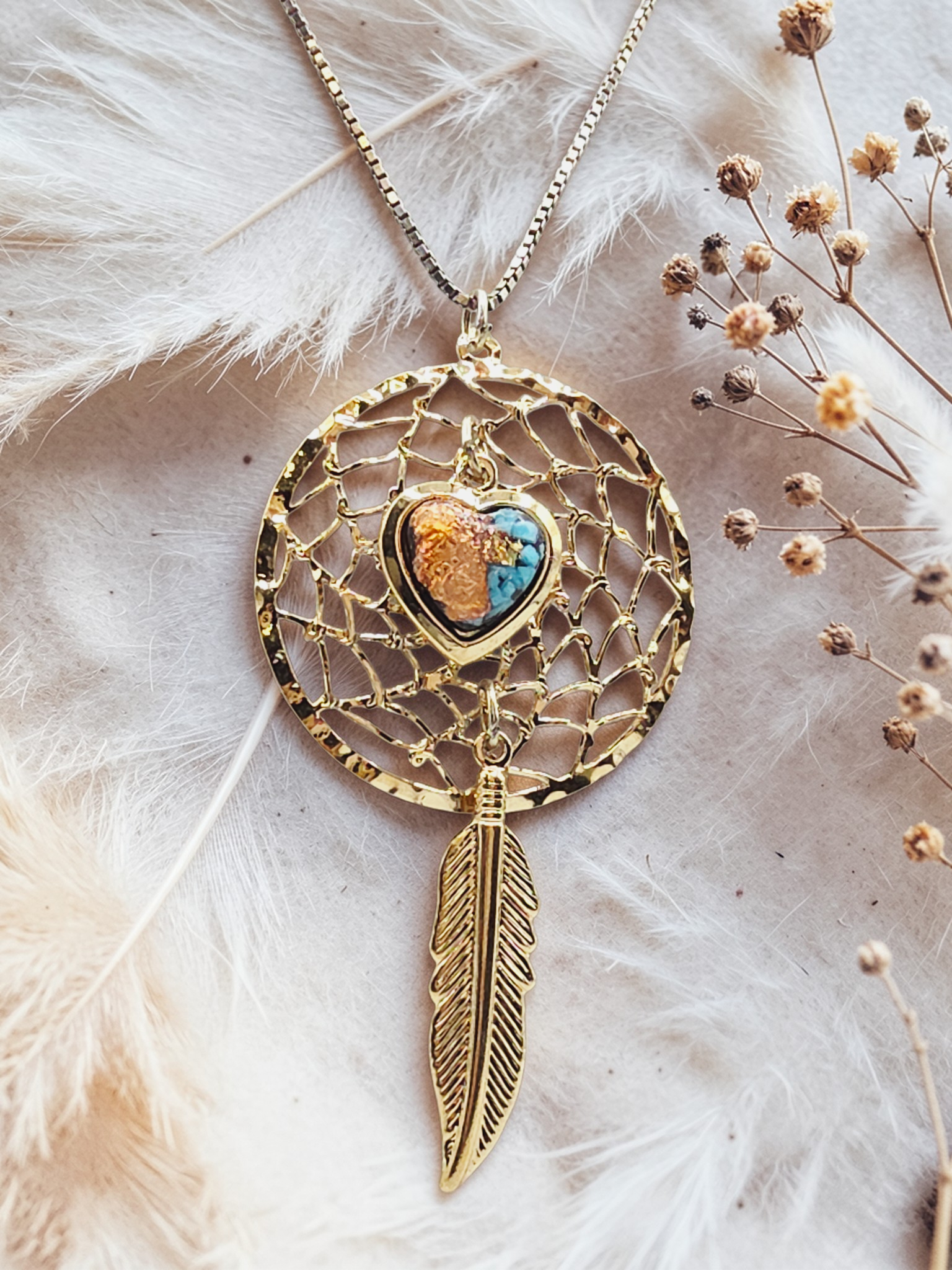 Dreamcatcher Pendant with Heart, Feather, Turquoise & Gold on a Sterling Silver Italy Necklace