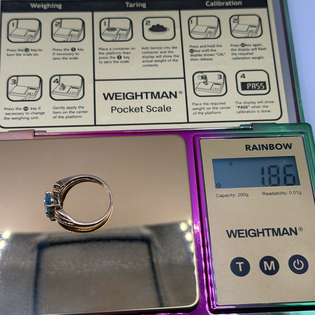 Solid 10K Yellow Gold Ring with Oval-Cut Blue Topaz & Diamond Accents Size 7