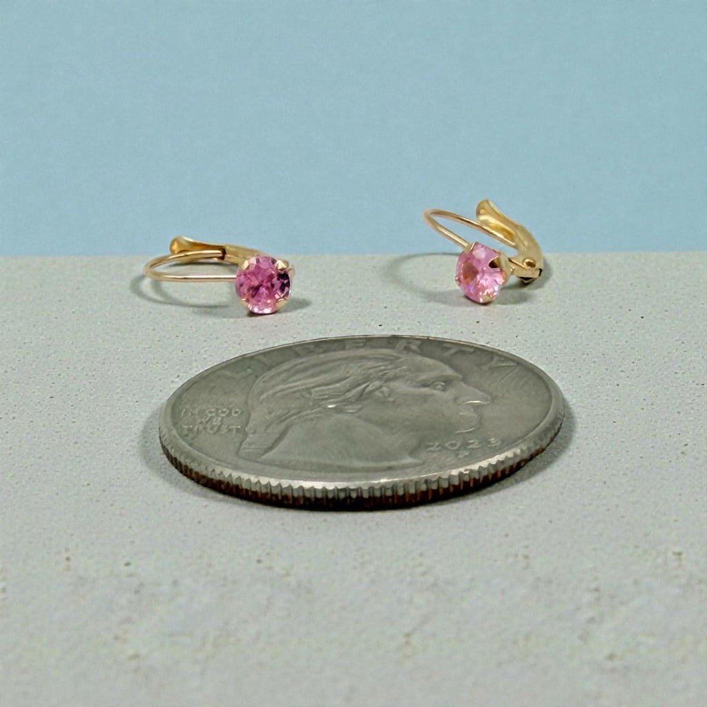 Solid 14K Yellow Gold Drop Earrings with Round Cut Pink Gemstones