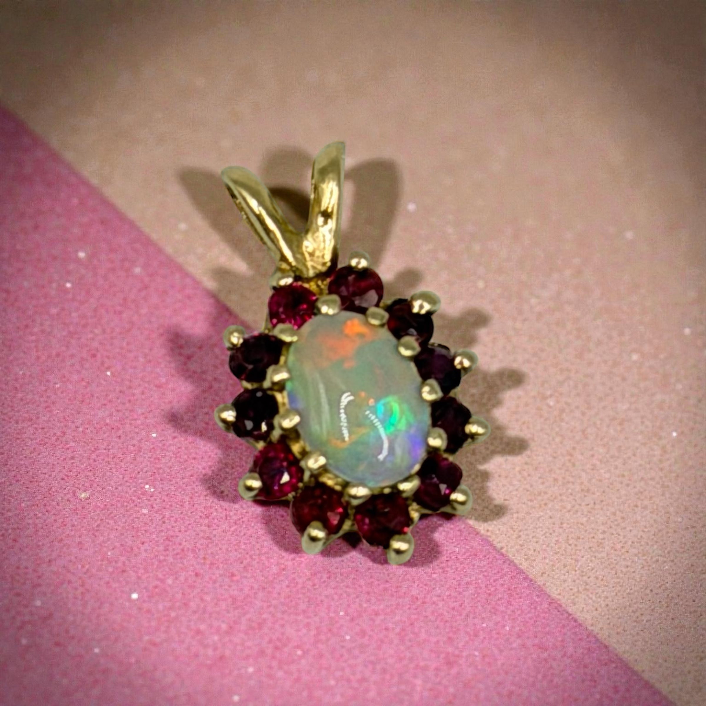 Solid 14K Yellow Gold Necklace Pendant with Oval Cut Opal and Ruby Halo