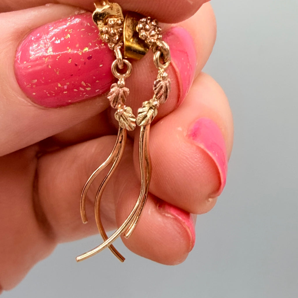 Solid 10K Multi-Color Gold Dangle Earrings with Leaf Accents