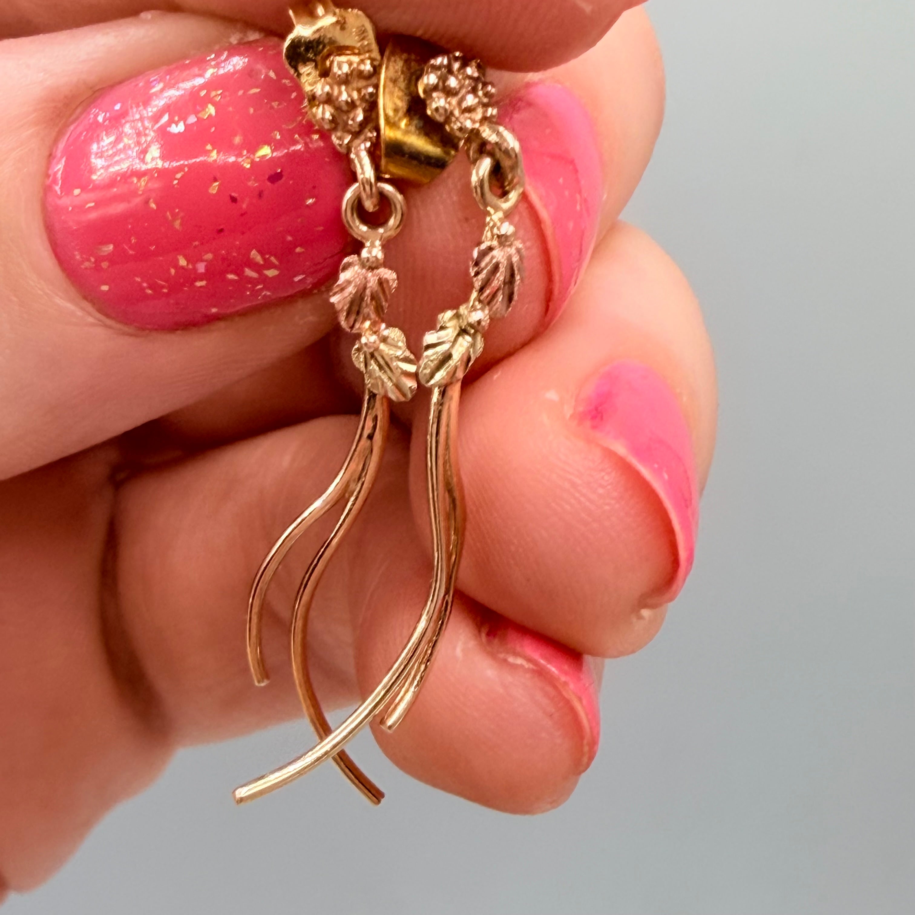 Solid 10K Multi-Color Gold Dangle Earrings with Leaf Accents