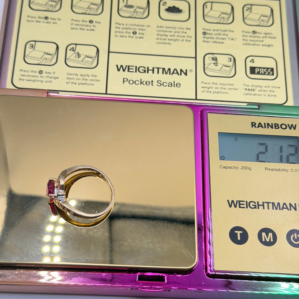 Solid 10K Yellow Gold Ring with Heart-Cut Ruby, Diamonds and LOVE – Size 7