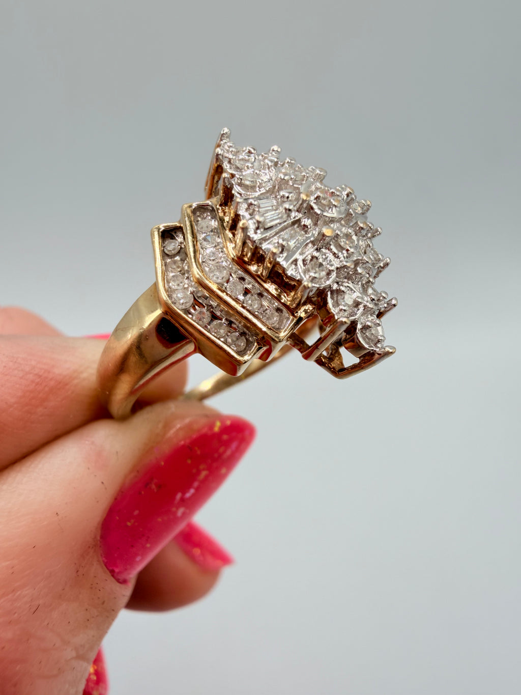 Solid 10K Yellow Gold Ring with Diamond Cluster Size 6.75