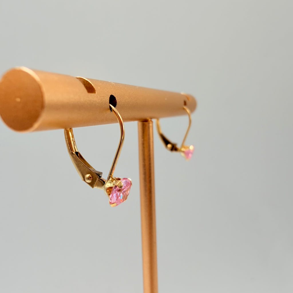 Solid 14K Yellow Gold Drop Earrings with Round Cut Pink Gemstones
