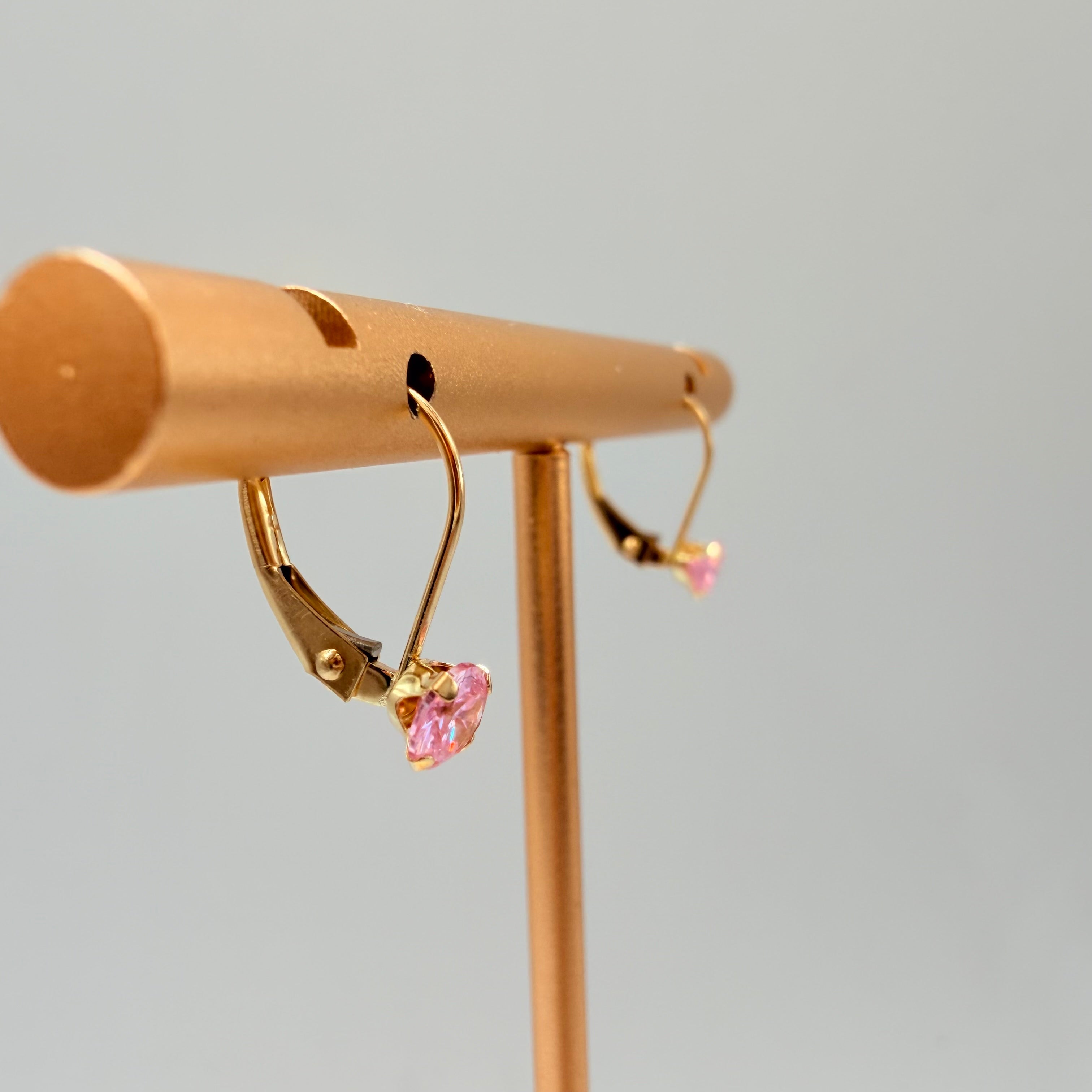 Solid 14K Yellow Gold Drop Earrings with Round Cut Pink Gemstones