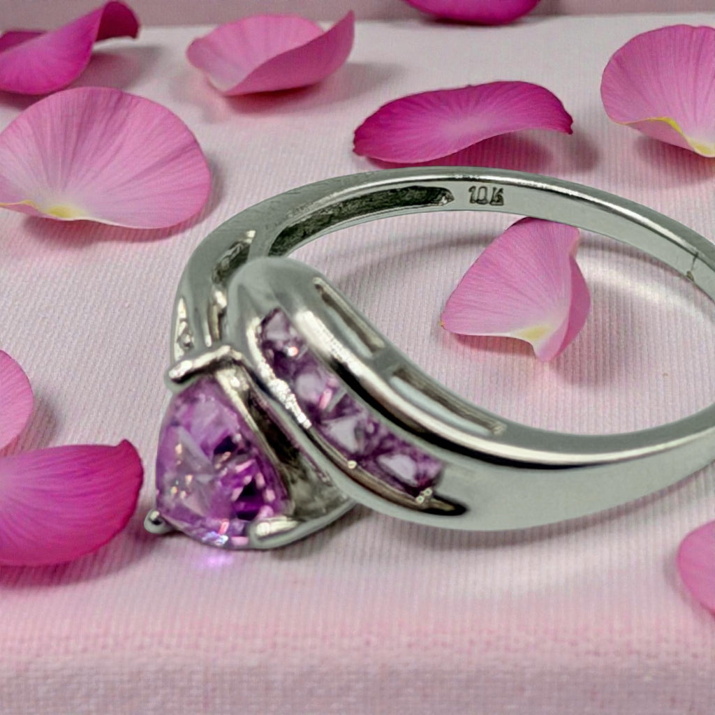 Solid 10K White Gold Ring with Trillion-Cut Pink Topaz - Size 6.75