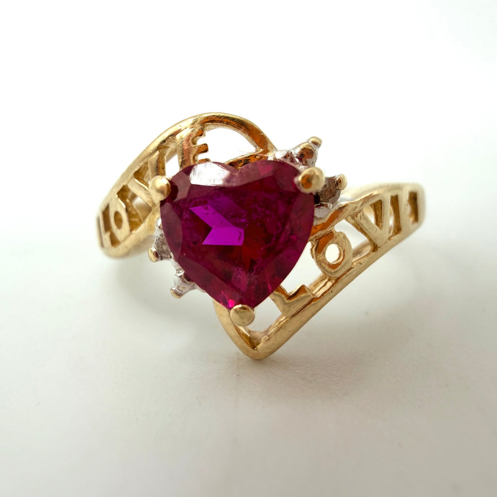 Solid 10K Yellow Gold Ring with Heart-Cut Ruby, Diamonds and LOVE – Size 7