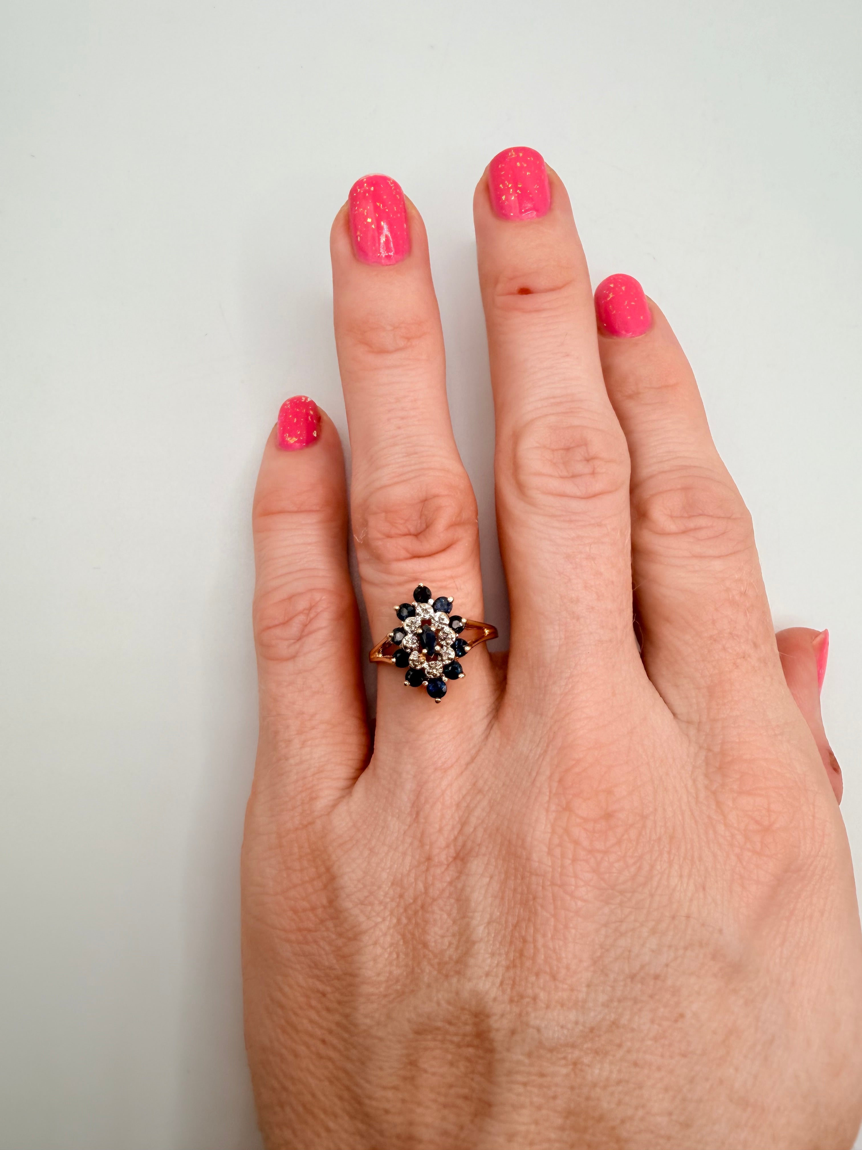 JED Solid 10K Yellow Gold Ring with Blue Sapphires & Diamonds – Size 6.5