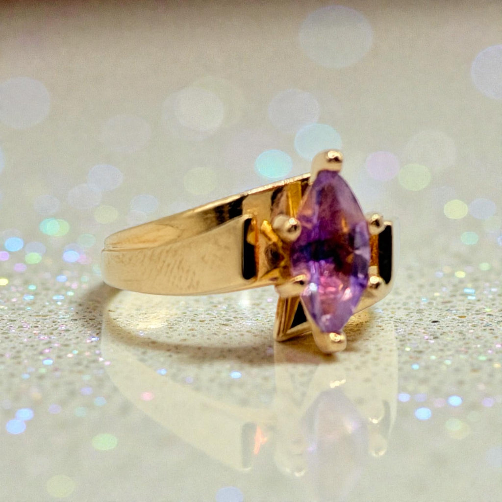 Helzberg Solid 14K Yellow Gold Ring with Marquise-Cut Amethyst – Size 6