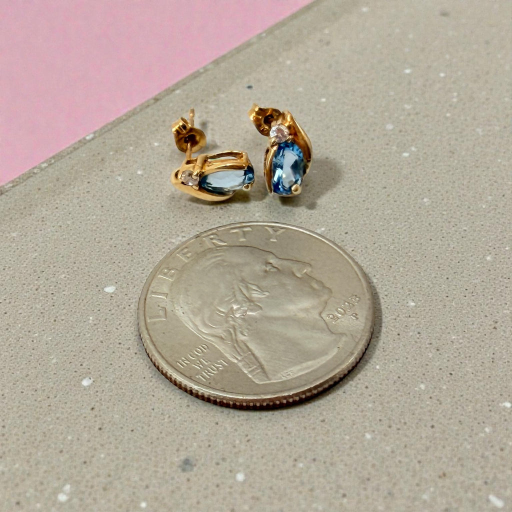 Solid 10K Yellow Gold Stud Earrings with Pear Cut Blue Topaz