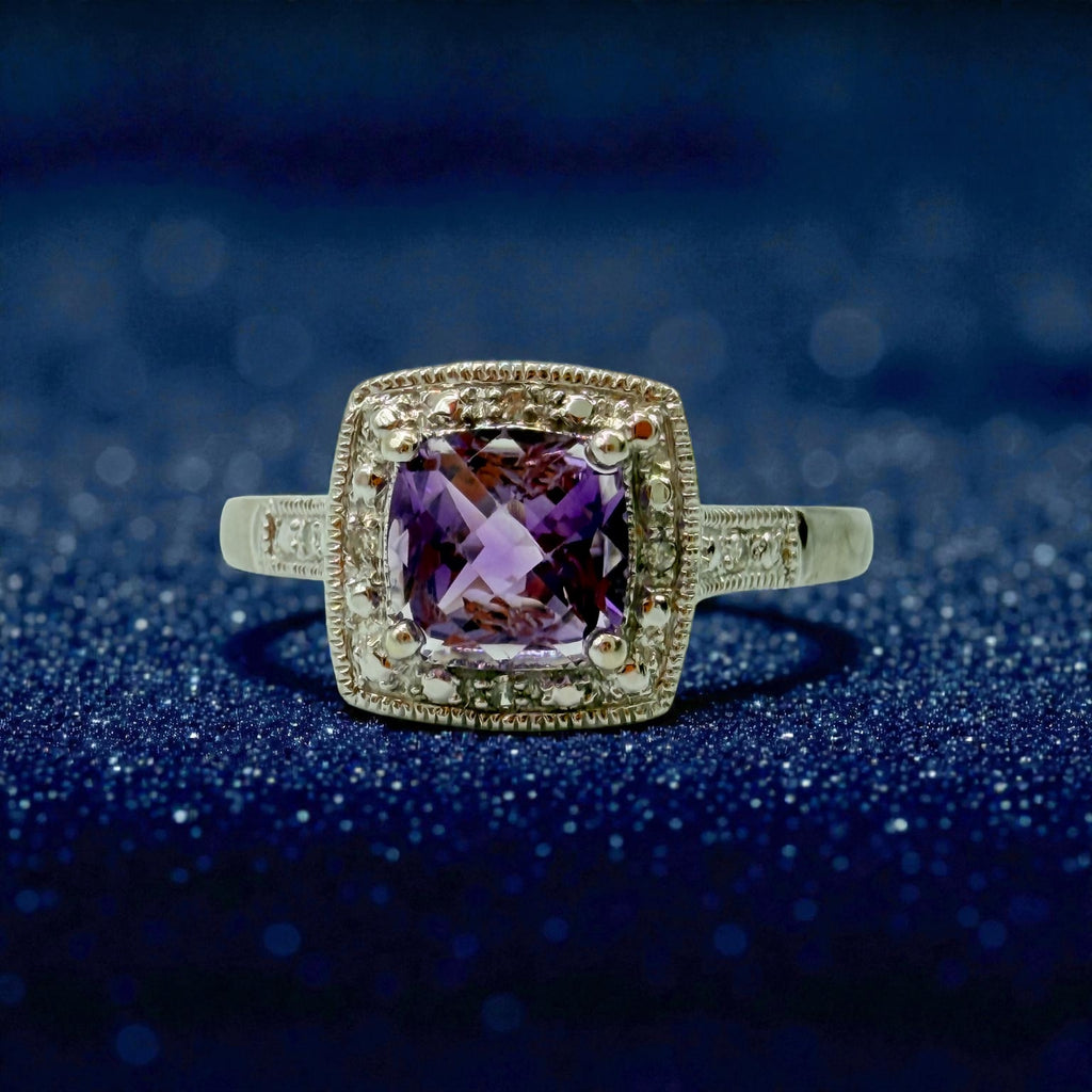 Solid 10K White Gold Ring with Cushion Cut Amethyst Ring Size 7