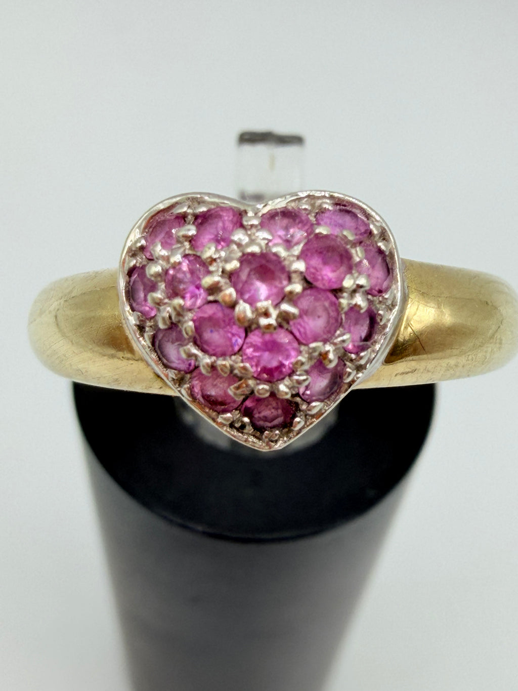 Solid 10K Yellow Gold Ring with Pink Sapphire Heart – Size 6.75