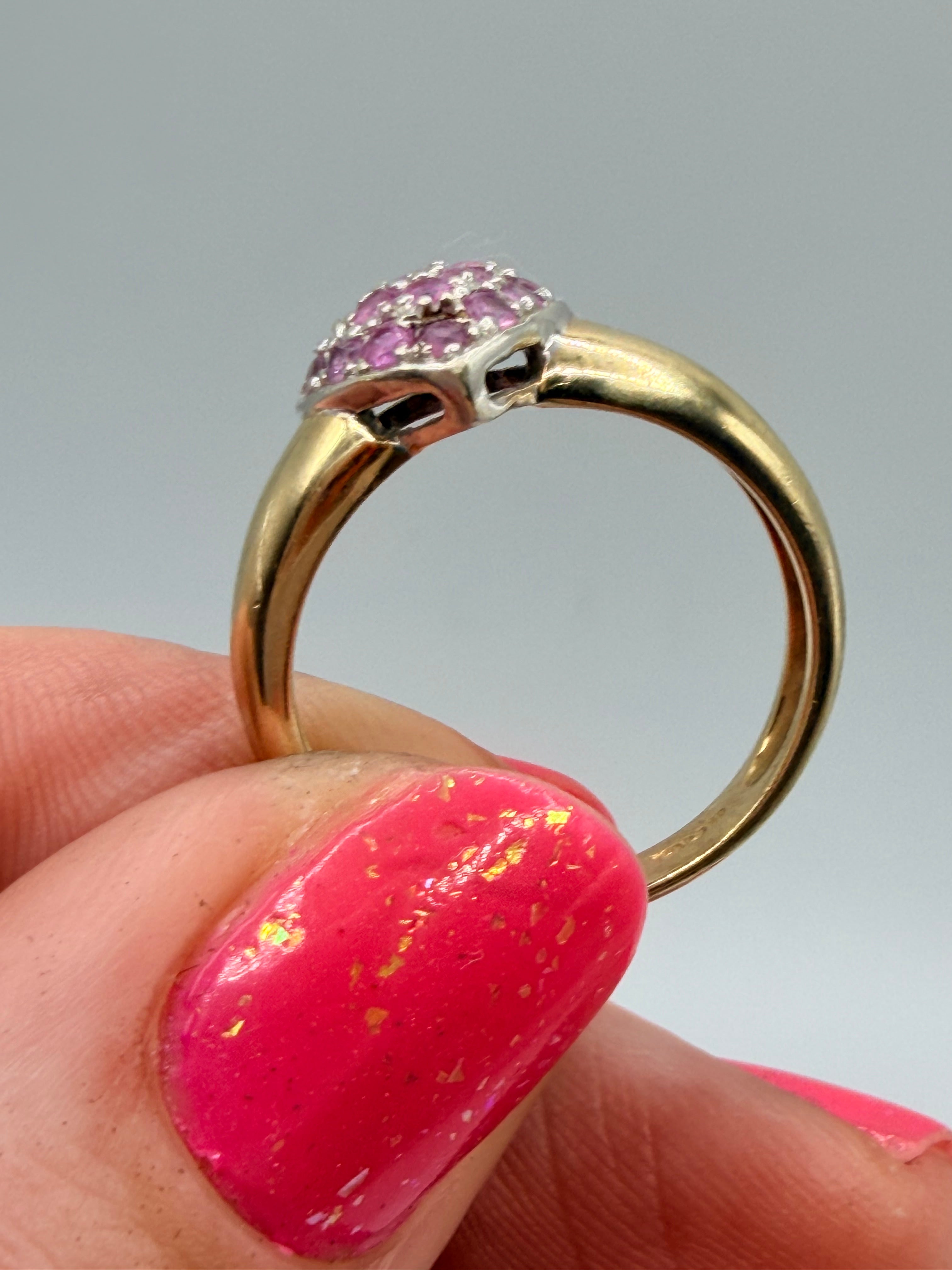 Solid 10K Yellow Gold Ring with Pink Sapphire Heart – Size 6.75