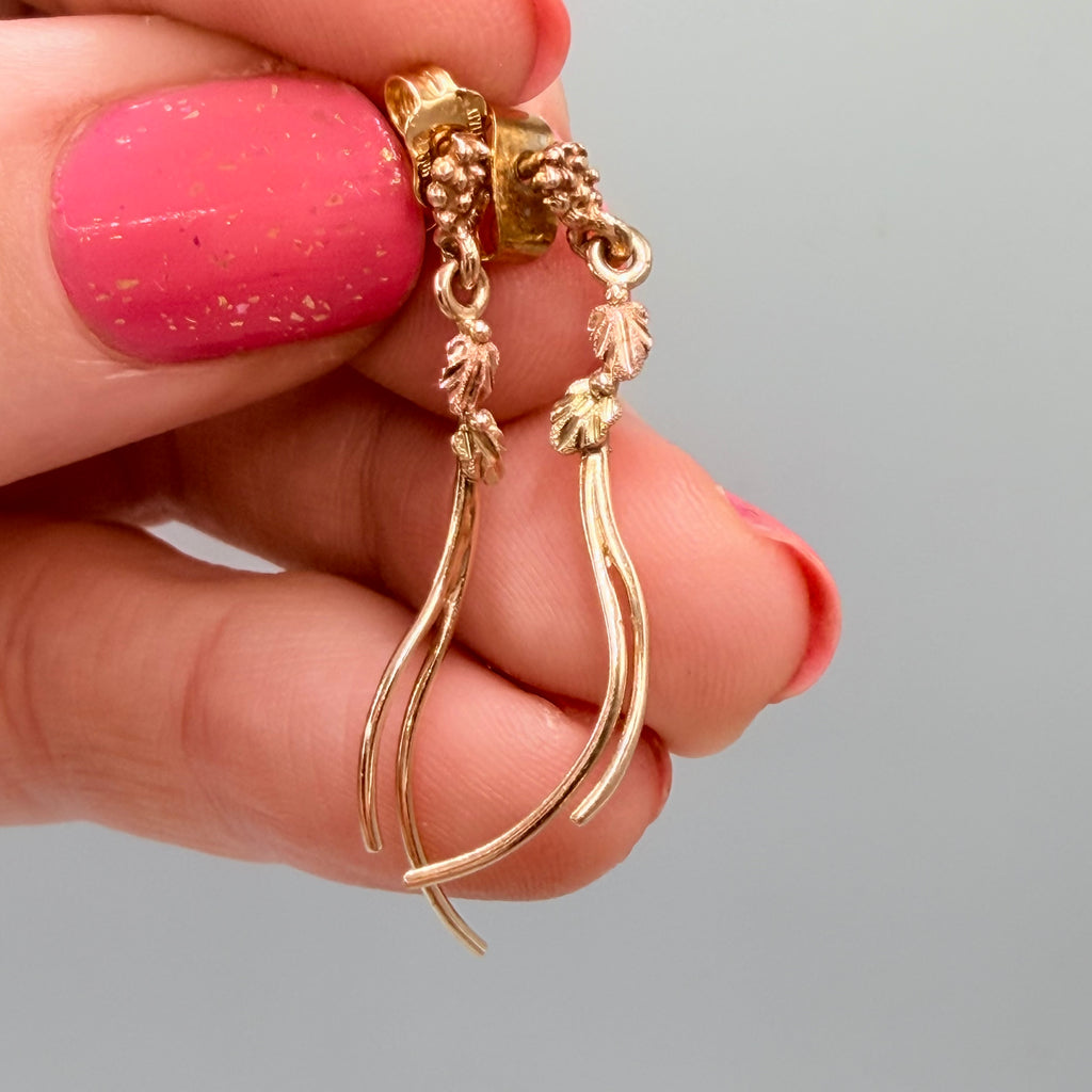 Solid 10K Multi-Color Gold Dangle Earrings with Leaf Accents