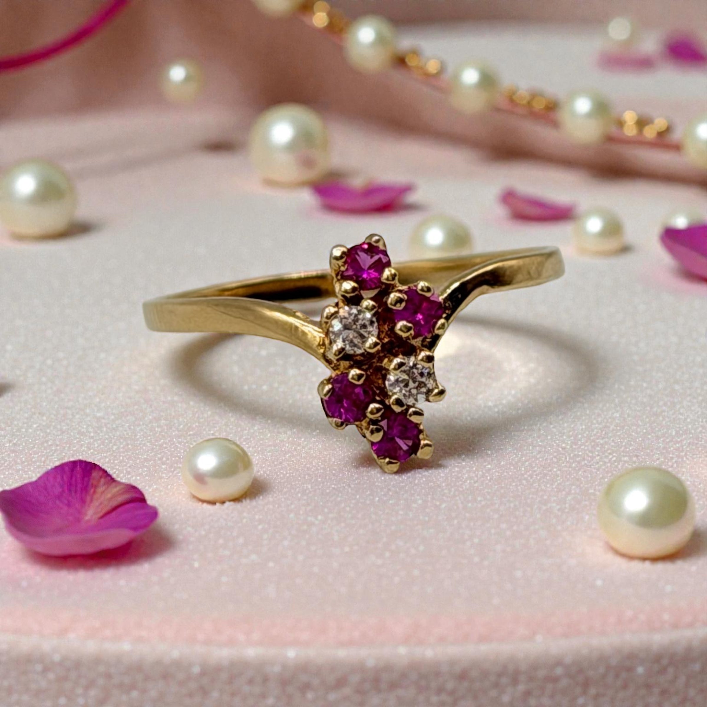 Solid 14K Yellow Gold Ring with Round Cut Ruby and Gemstone Cluster Size 5.5