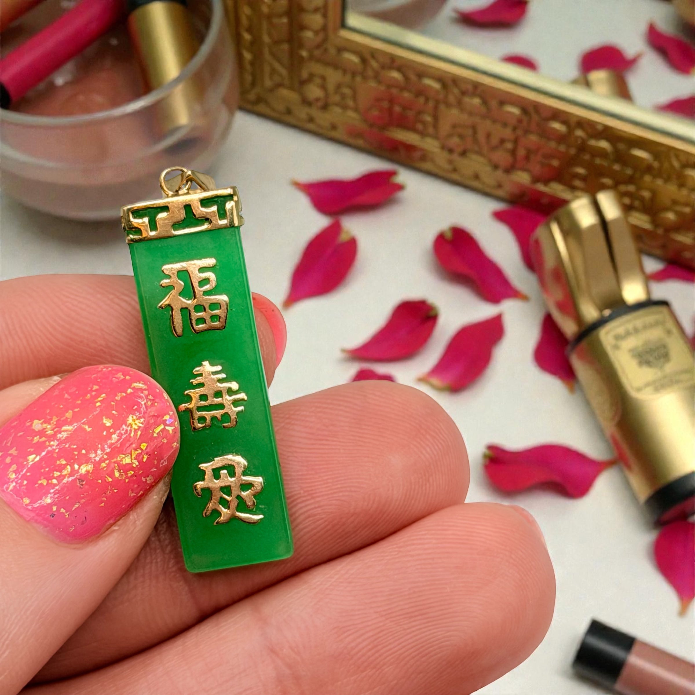 Solid 14K Yellow Gold Asian Necklace Pendant with Green Jade