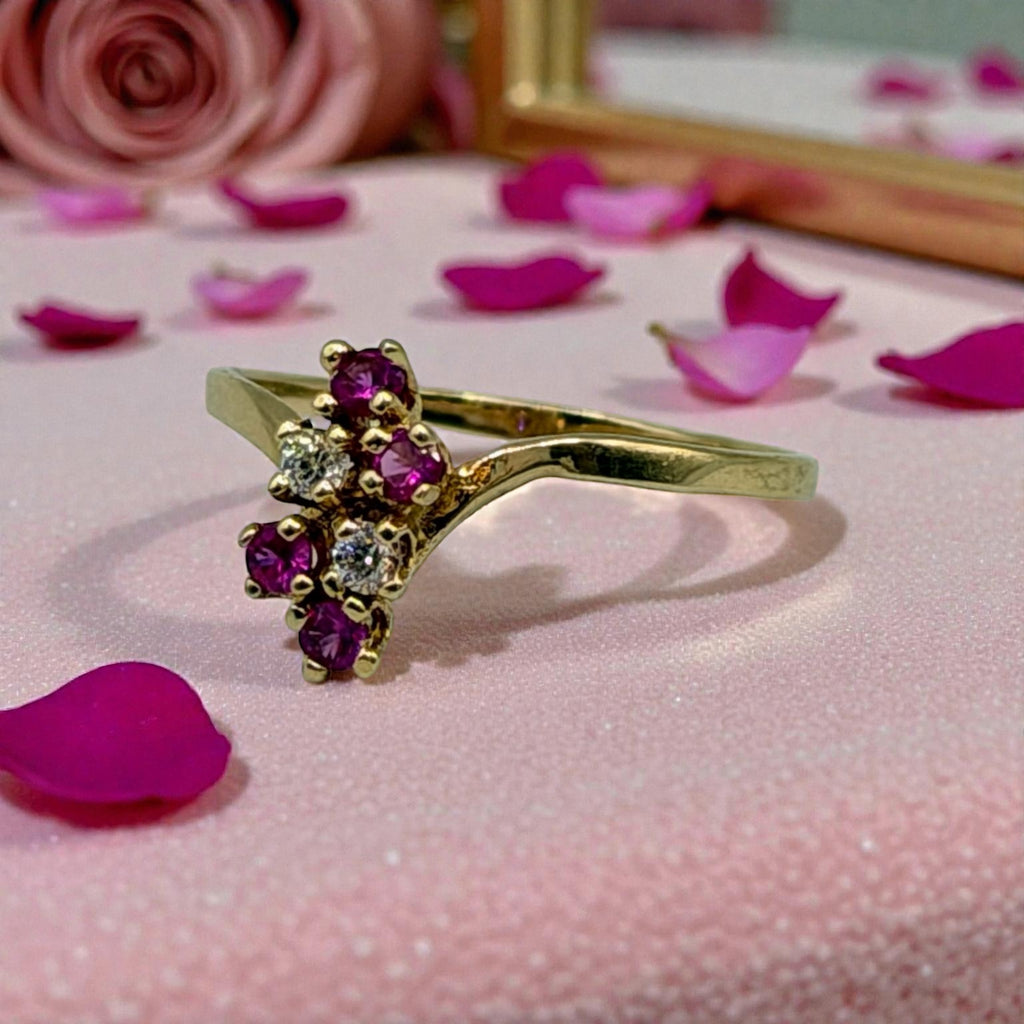 Solid 14K Yellow Gold Ring with Round Cut Ruby and Gemstone Cluster Size 5.5