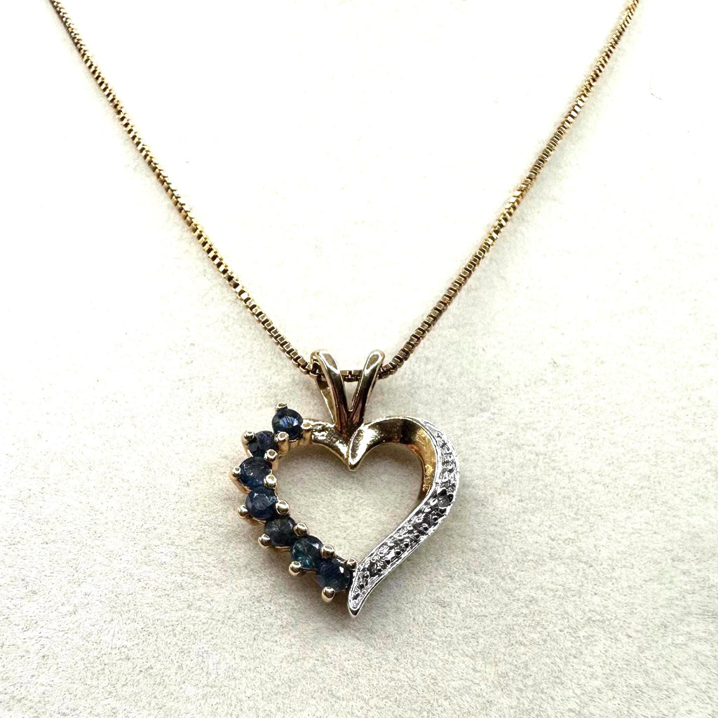 Gold Sterling Silver Vermeil Blue Sapphire & Diamond Heart Pendant Necklace 18"