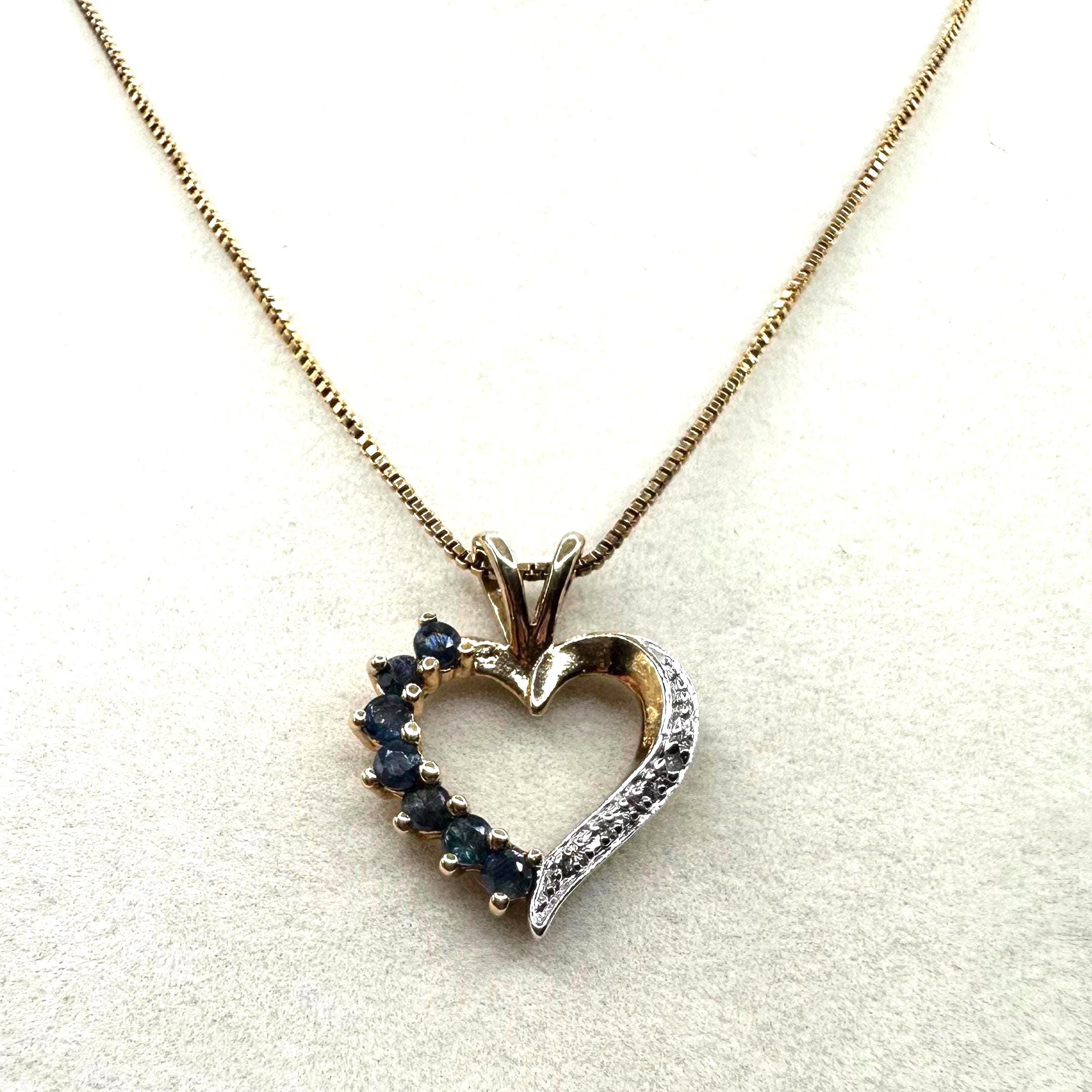 Gold Sterling Silver Vermeil Blue Sapphire & Diamond Heart Pendant Necklace 18"