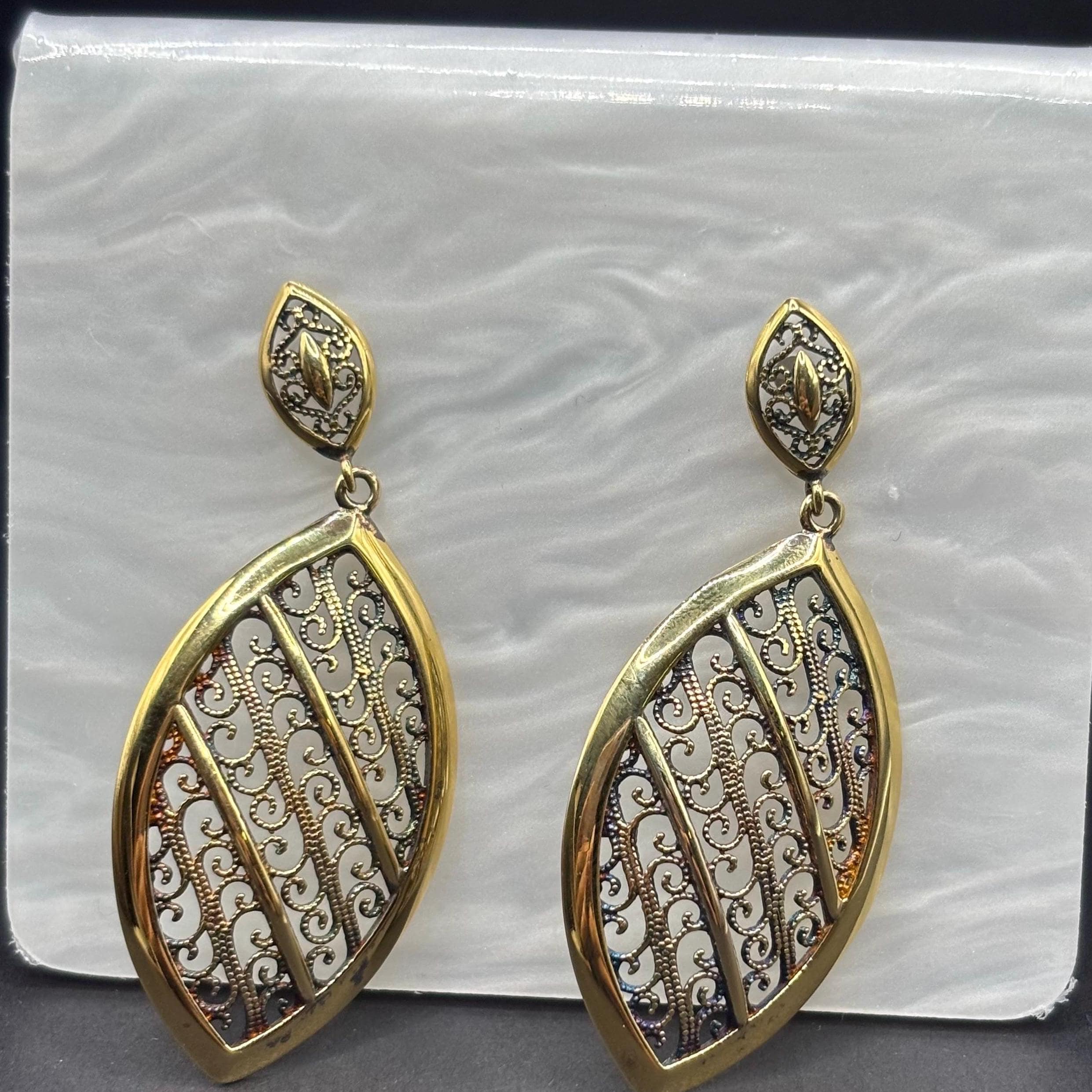 Gold Vermeil Over Sterling Silver Vintage Spanish Drop Dangle Earrings With Filigree Pattern