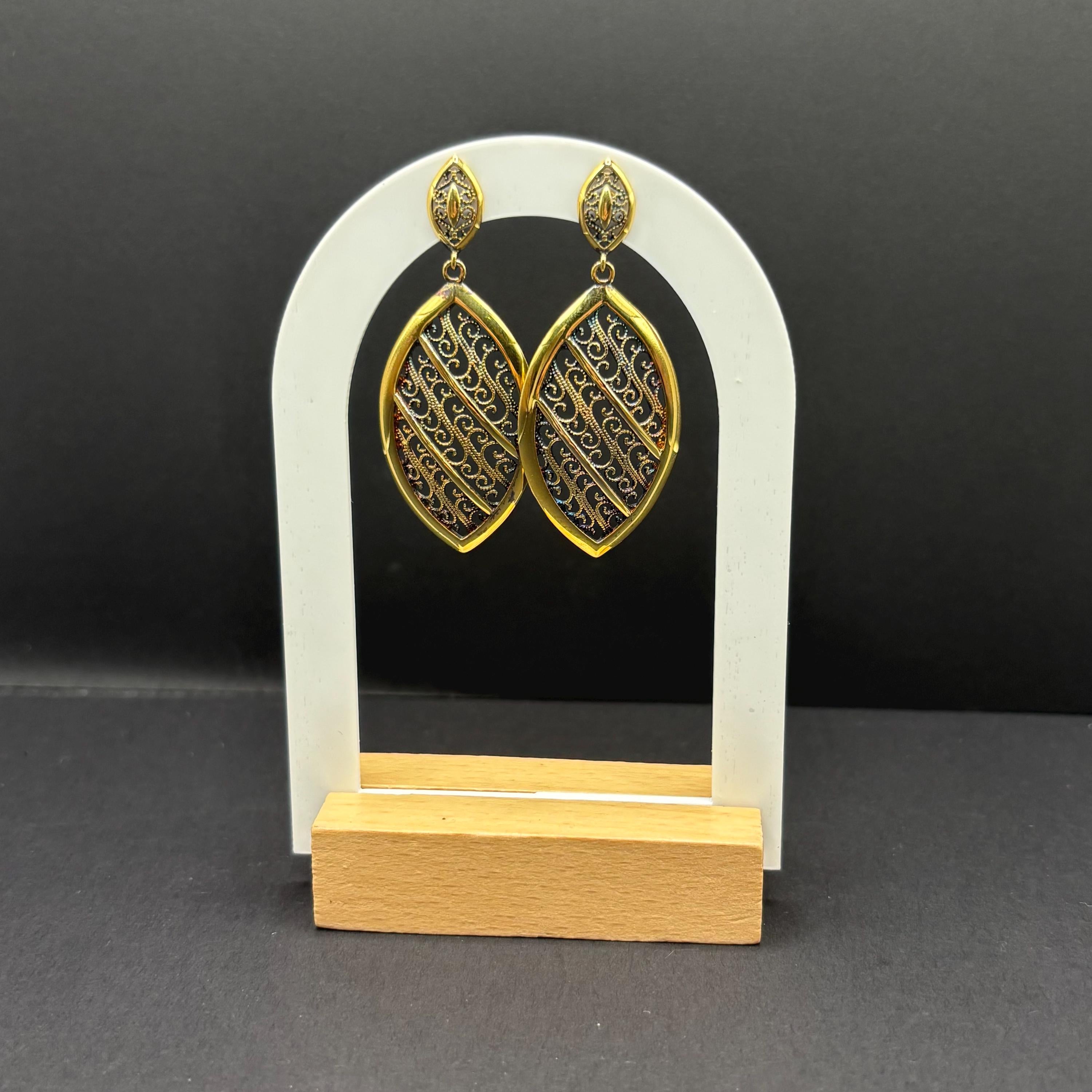 Gold Vermeil Over Sterling Silver Vintage Spanish Drop Dangle Earrings With Filigree Pattern