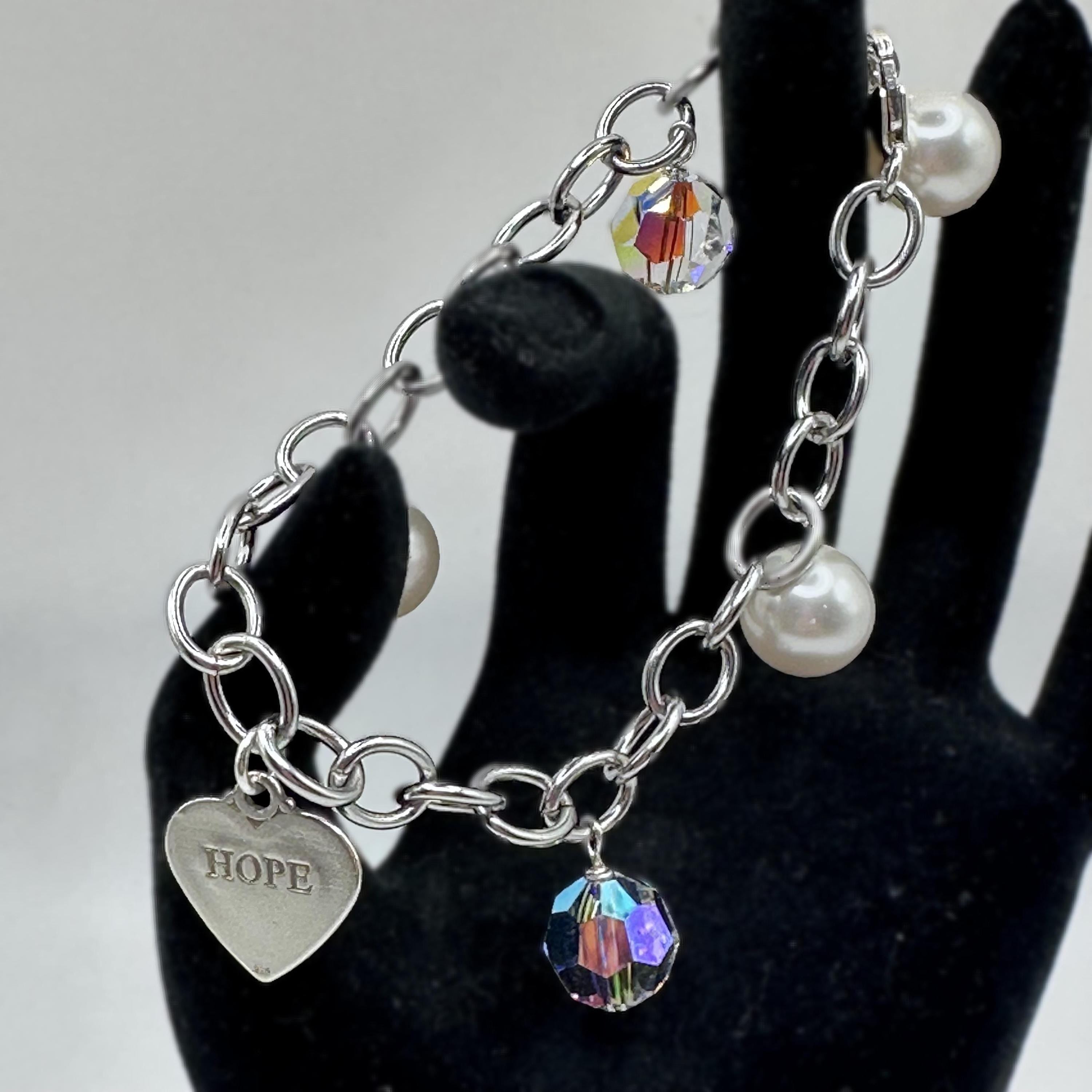 HOPE Heart Charm Bracelet 925 Sterling Silver with Beads and Pearls 8 inches