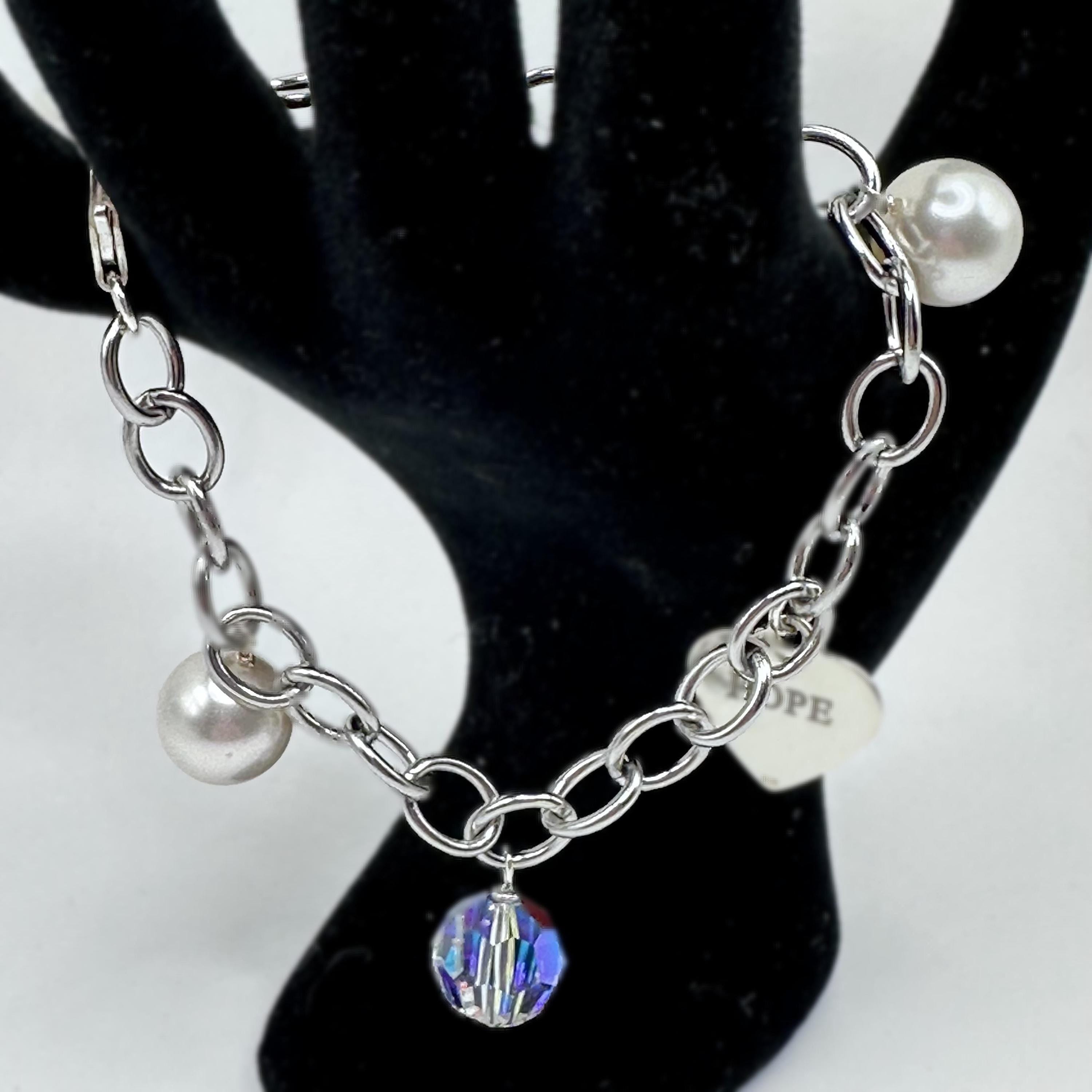 HOPE Heart Charm Bracelet 925 Sterling Silver with Beads and Pearls 8 inches