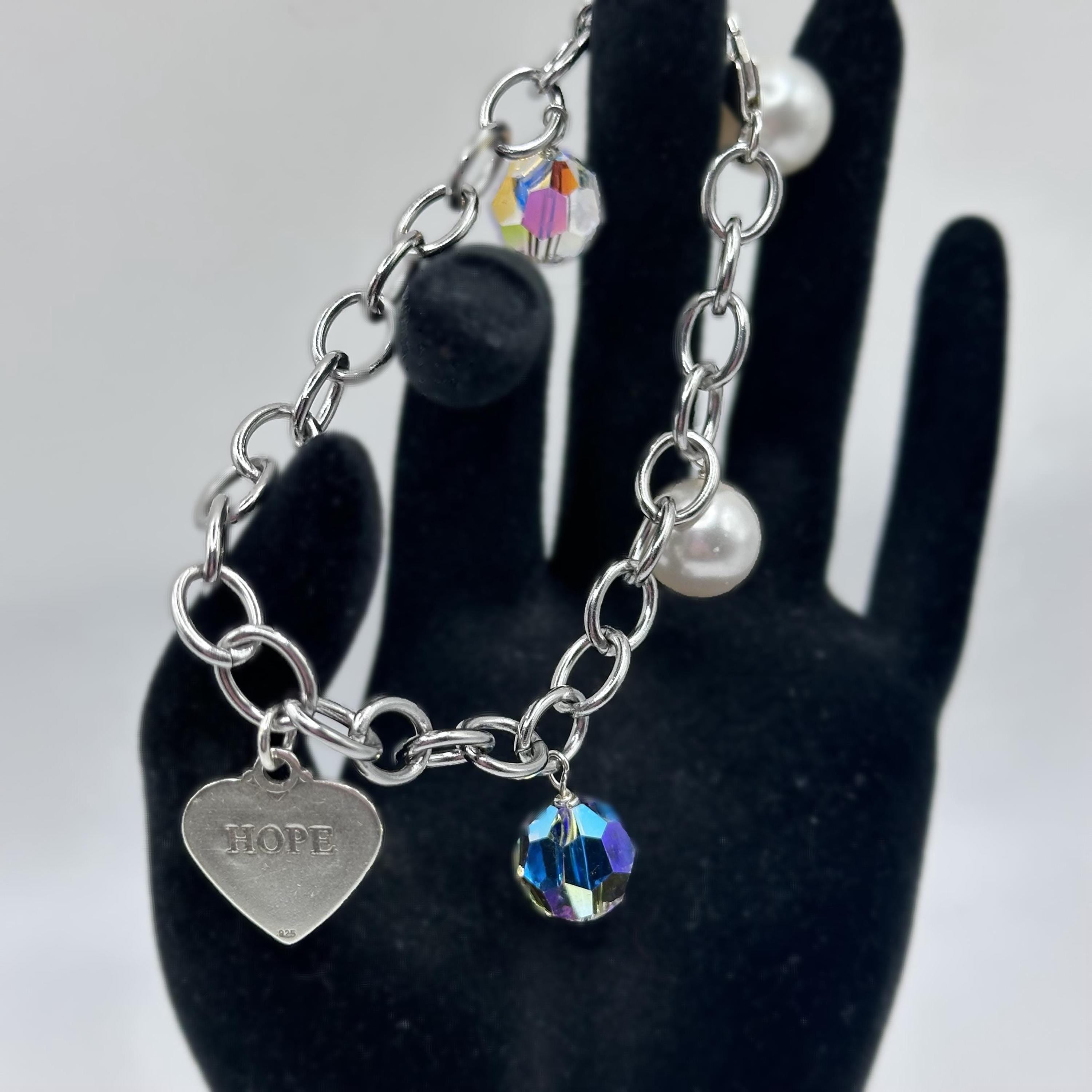 HOPE Heart Charm Bracelet 925 Sterling Silver with Beads and Pearls 8 inches