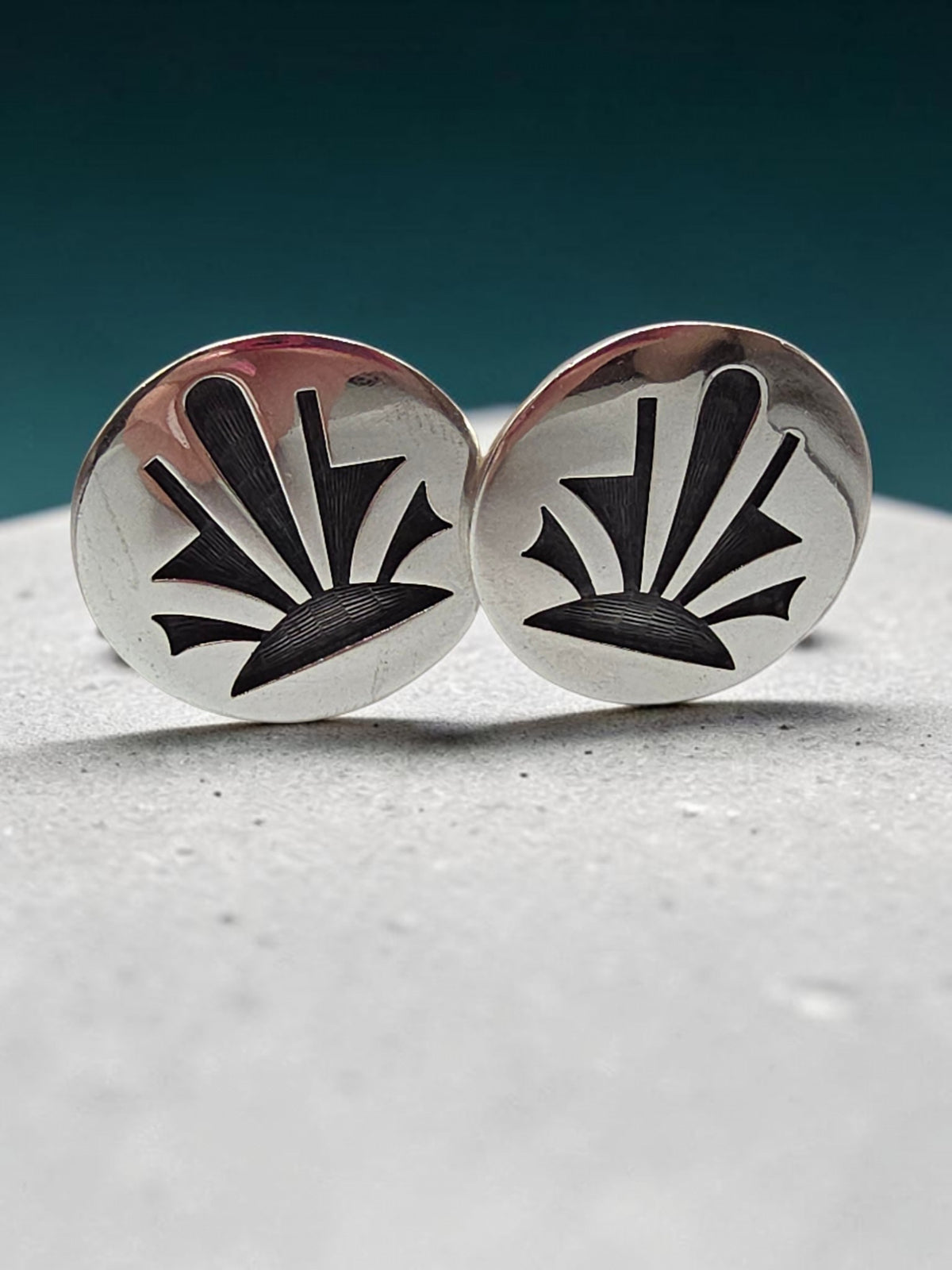 Hopi Silvercraft Guild Sterling Silver Overlay Stud Earrings with Sunburst Rays Over Textured Oxidized Ground