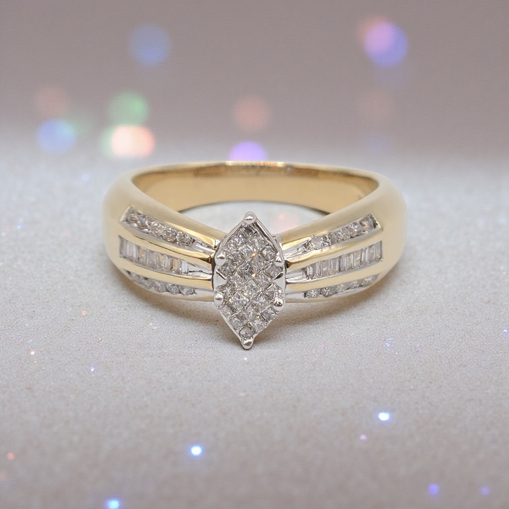 Rosy Blue Solid 14K Yellow Gold Marquise Diamond Cluster Ring – Size 7.25