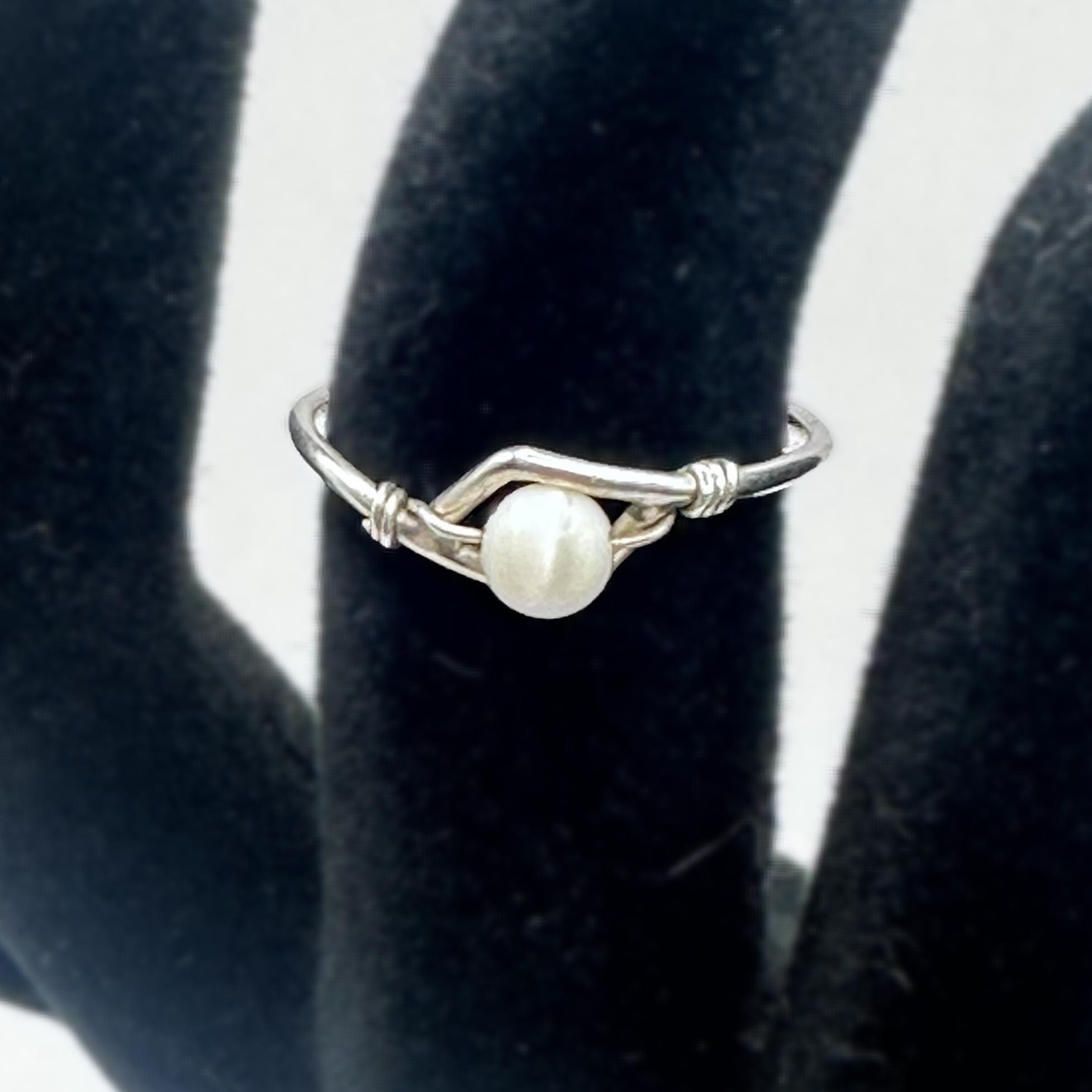 Industrial Barbell Pearl Sterling Silver Ring Size 5.5