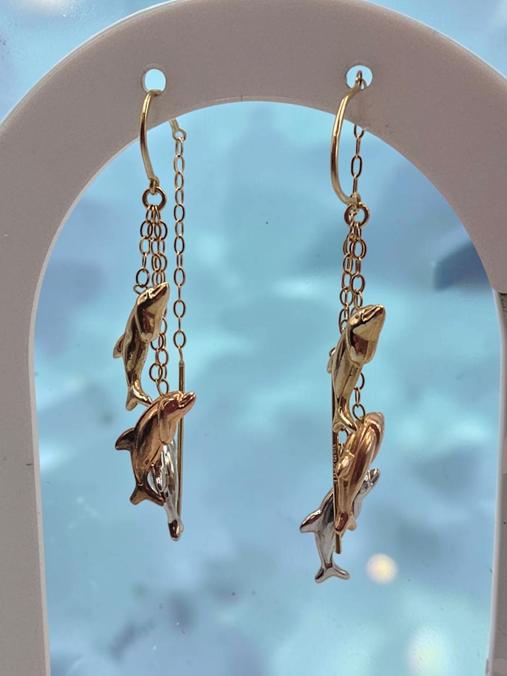 JCM Solid 14K Tri Color Gold Threader Earrings with Three Dolphins in Yellow Rose and White Gold on Fine Cable Chain