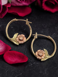 JTS solid 10K tri color gold rose flower hoop earrings in yellow rose and green gold