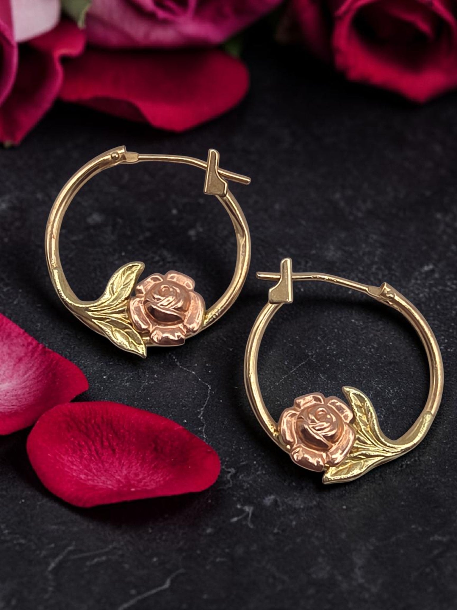 JTS solid 10K tri color gold rose flower hoop earrings in yellow rose and green gold